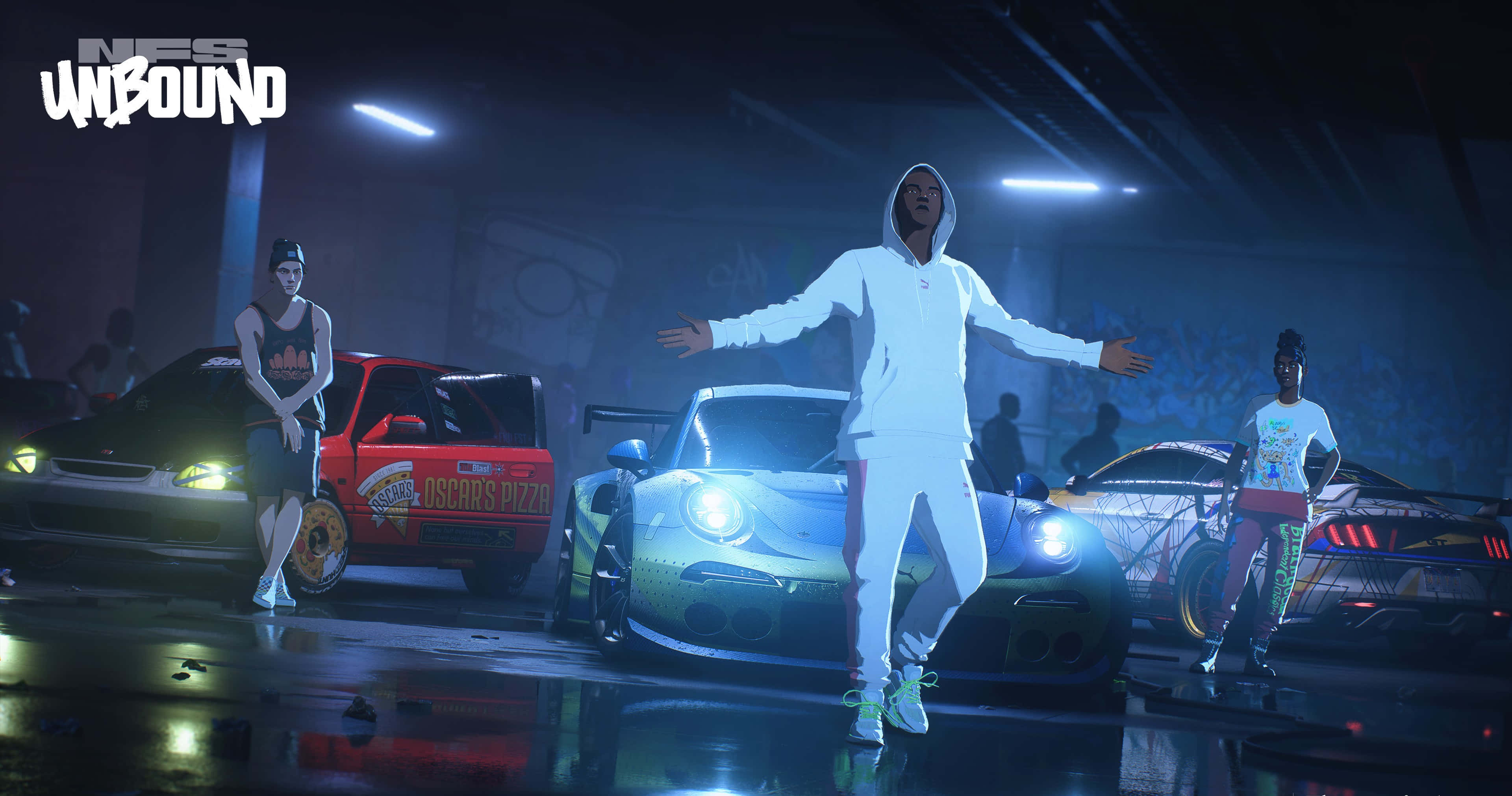Need For Speed, neon-lit garage, customized racing cars, 4K Desktop Wallpaper
