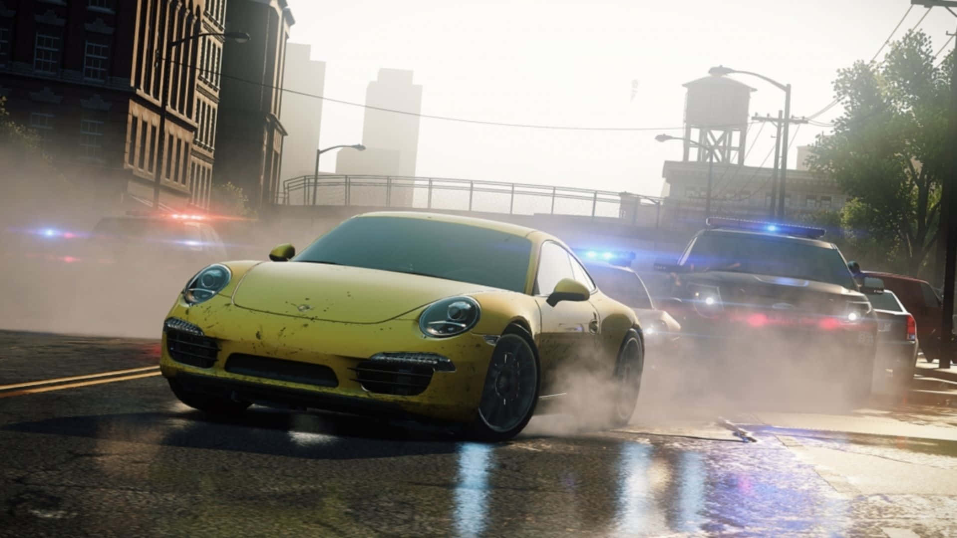 Need for Speed Laptop, yellow sports car, rainy urban street, Full HD Desktop Wallpaper