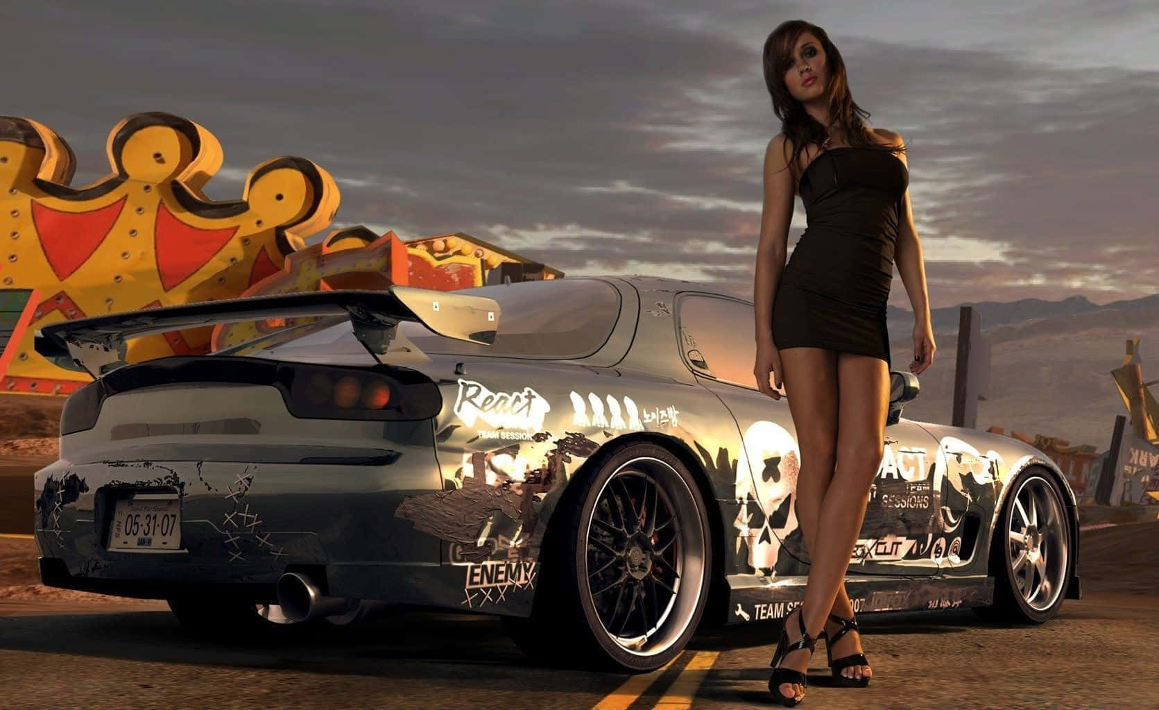 Need For Speed, black dress, graffiti-covered sports car, HD Desktop Wallpaper