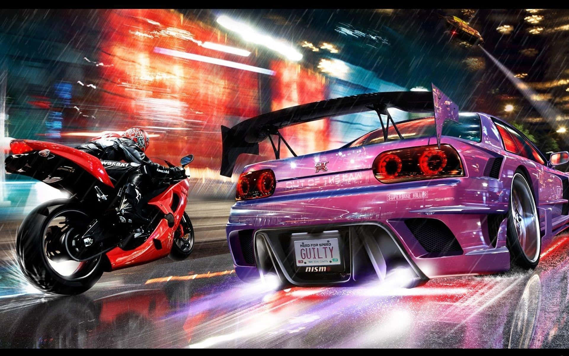 Need For Speed, neon-drenched rainy city street, night, Full HD Desktop Wallpaper
