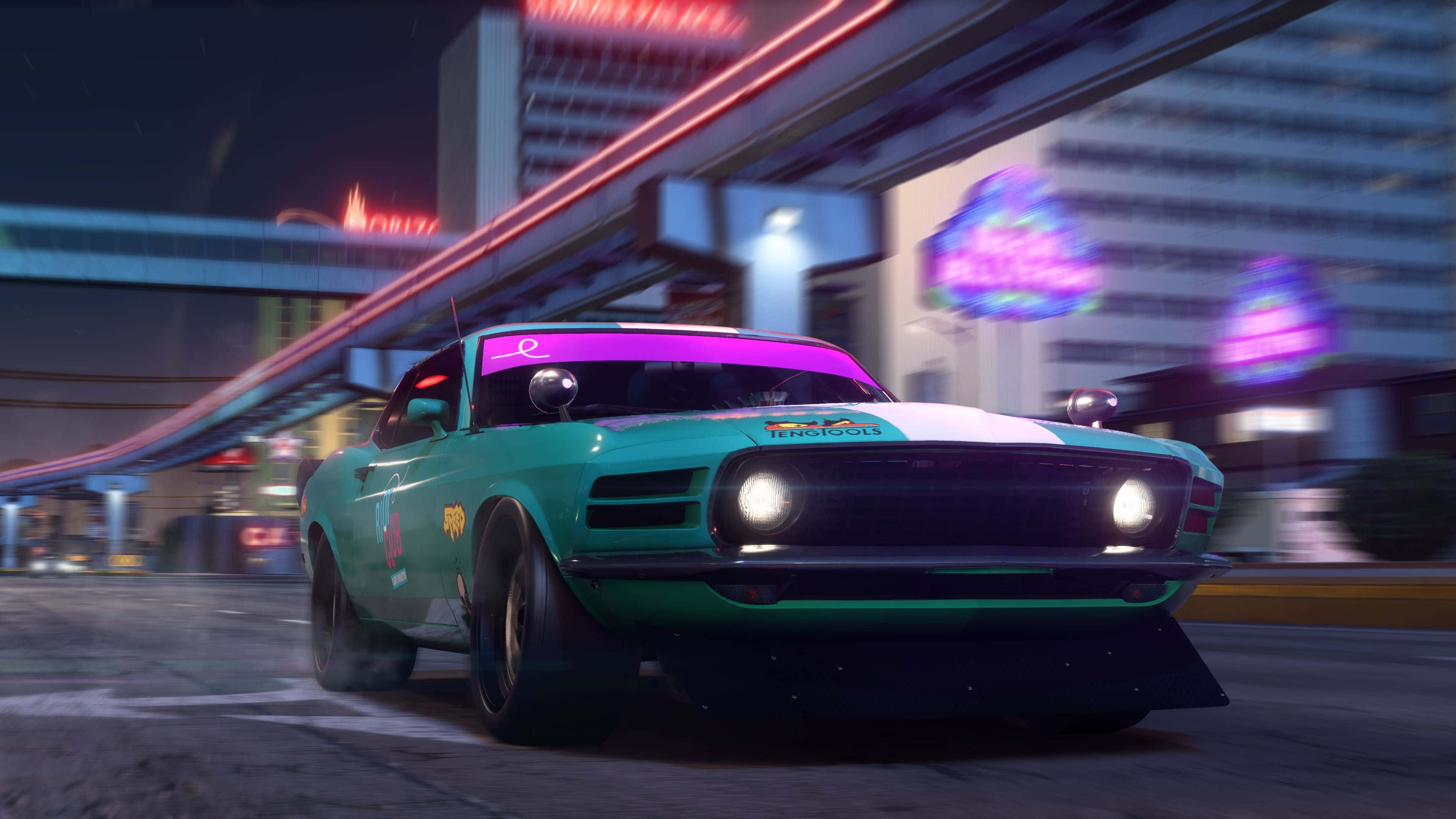 Need For Speed, teal muscle car, neon-lit city, 4K Desktop Wallpaper