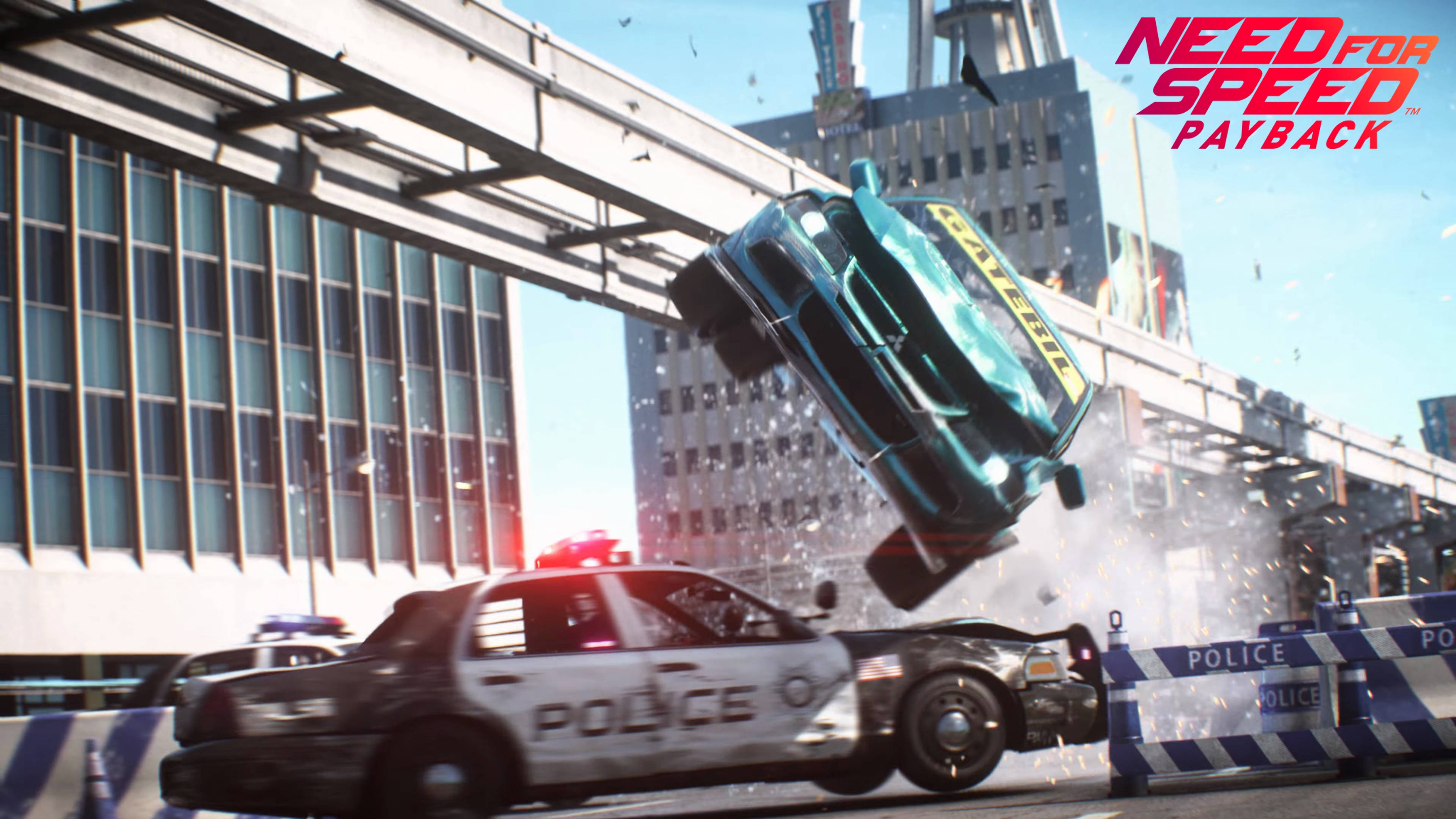 Need For Speed Payback, teal sports car, police cruiser, 4K Desktop Wallpaper