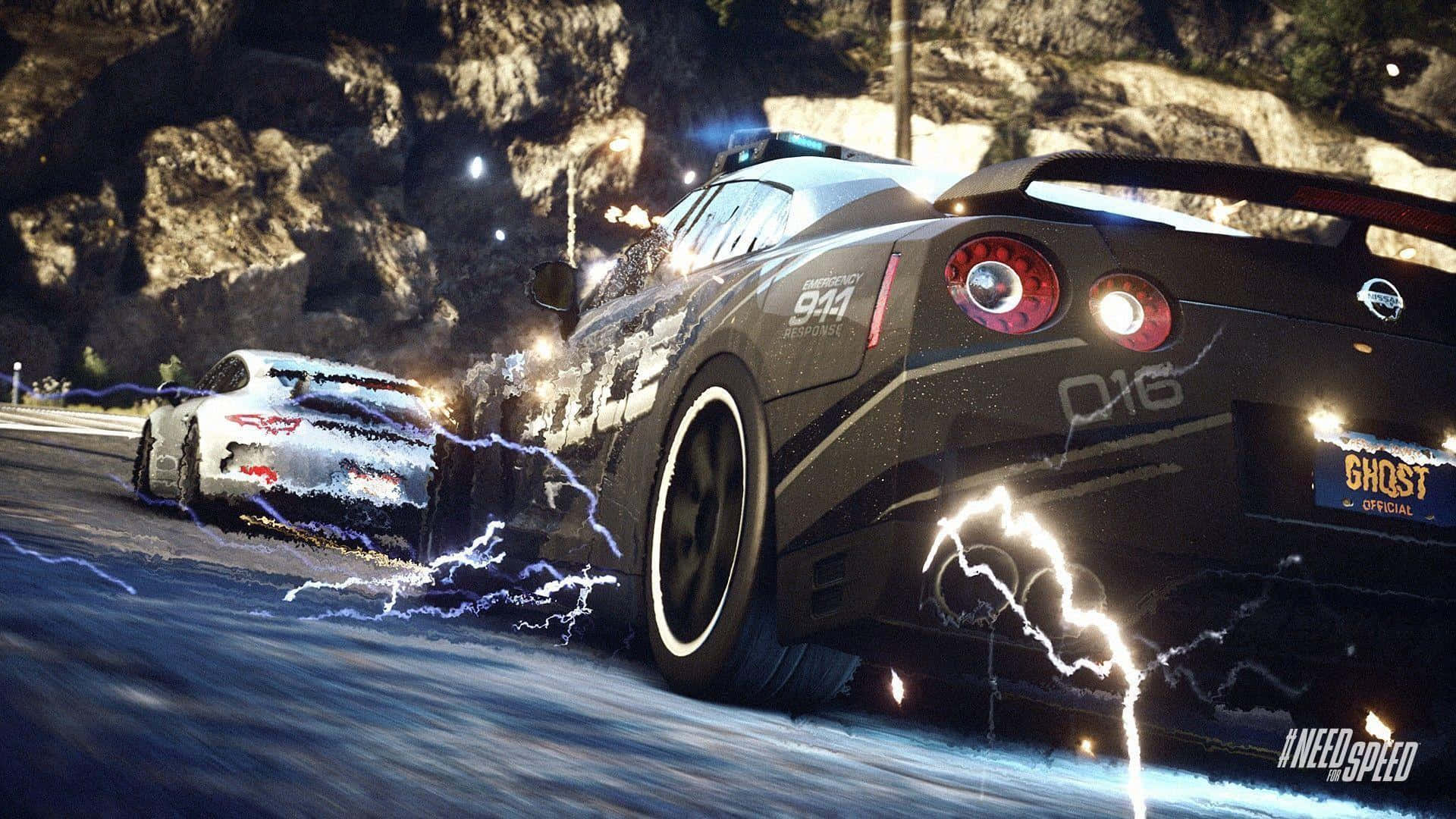 Need For Speed, black police sports car, glowing lightning effects, Full HD Desktop Wallpaper