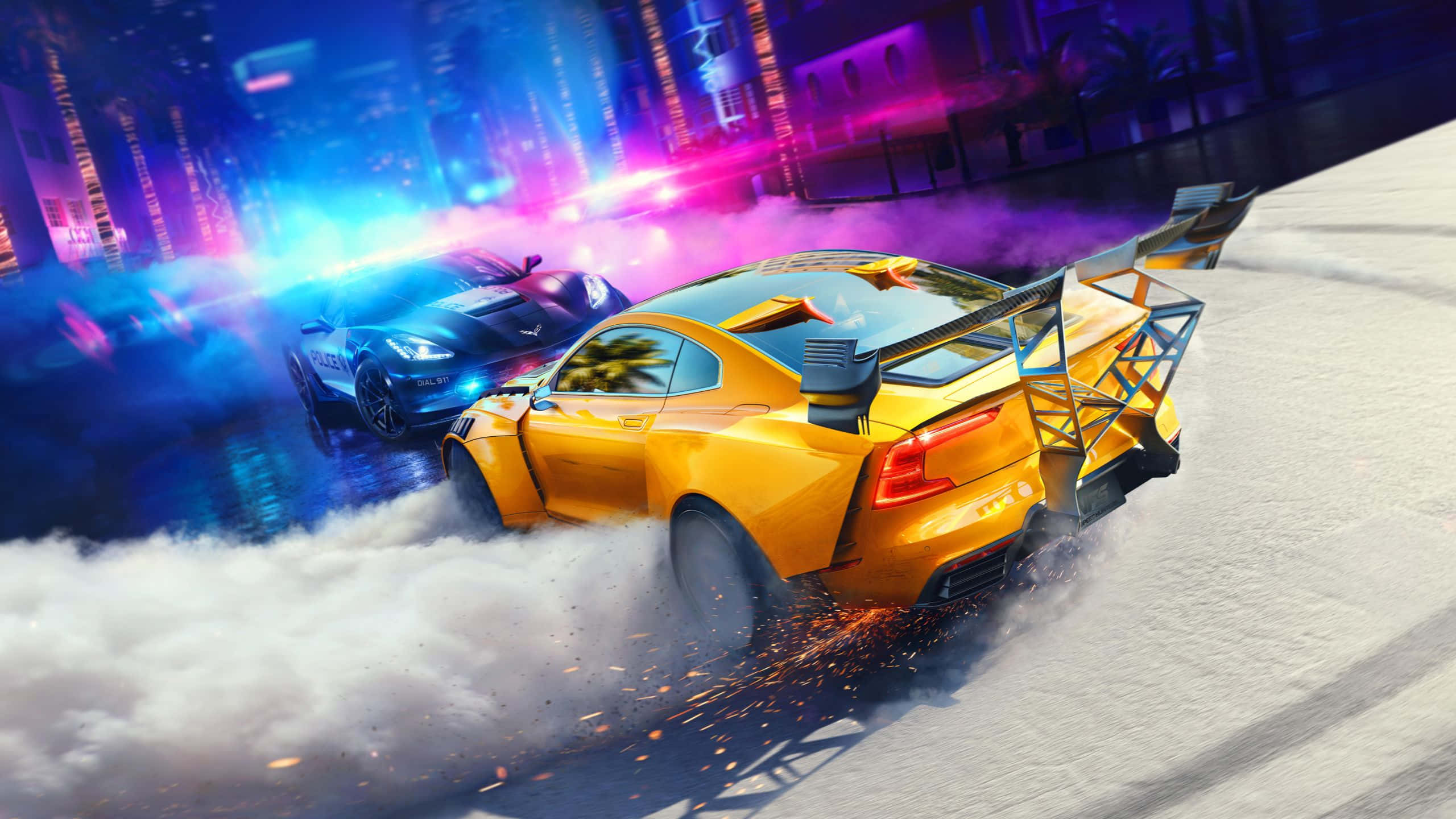 Need For Speed PC, vibrant yellow, neon-lit city street, 2K Desktop Wallpaper