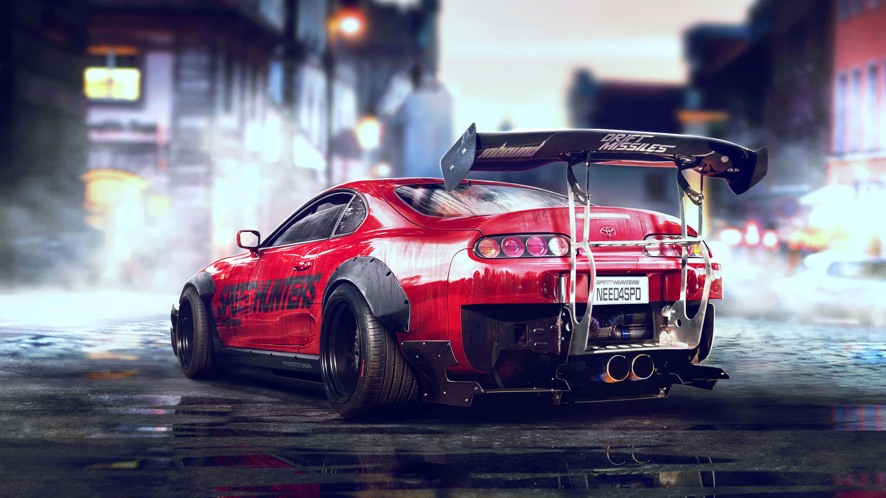 Need For Speed PC, red modified sports car, rainy urban street, 2K Desktop Wallpaper