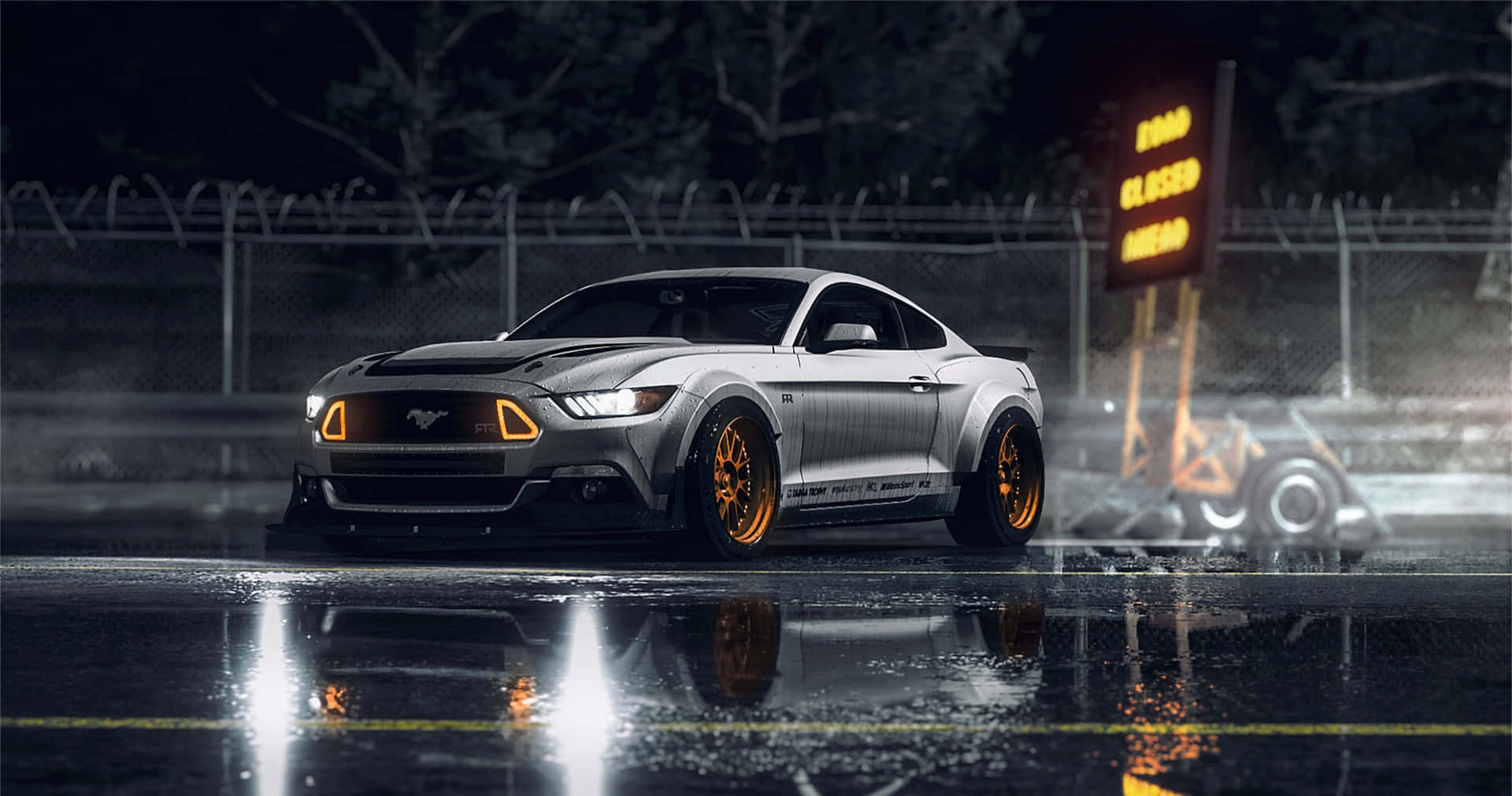 Need For Speed PC, silver Mustang, wet road, Full HD Desktop Wallpaper