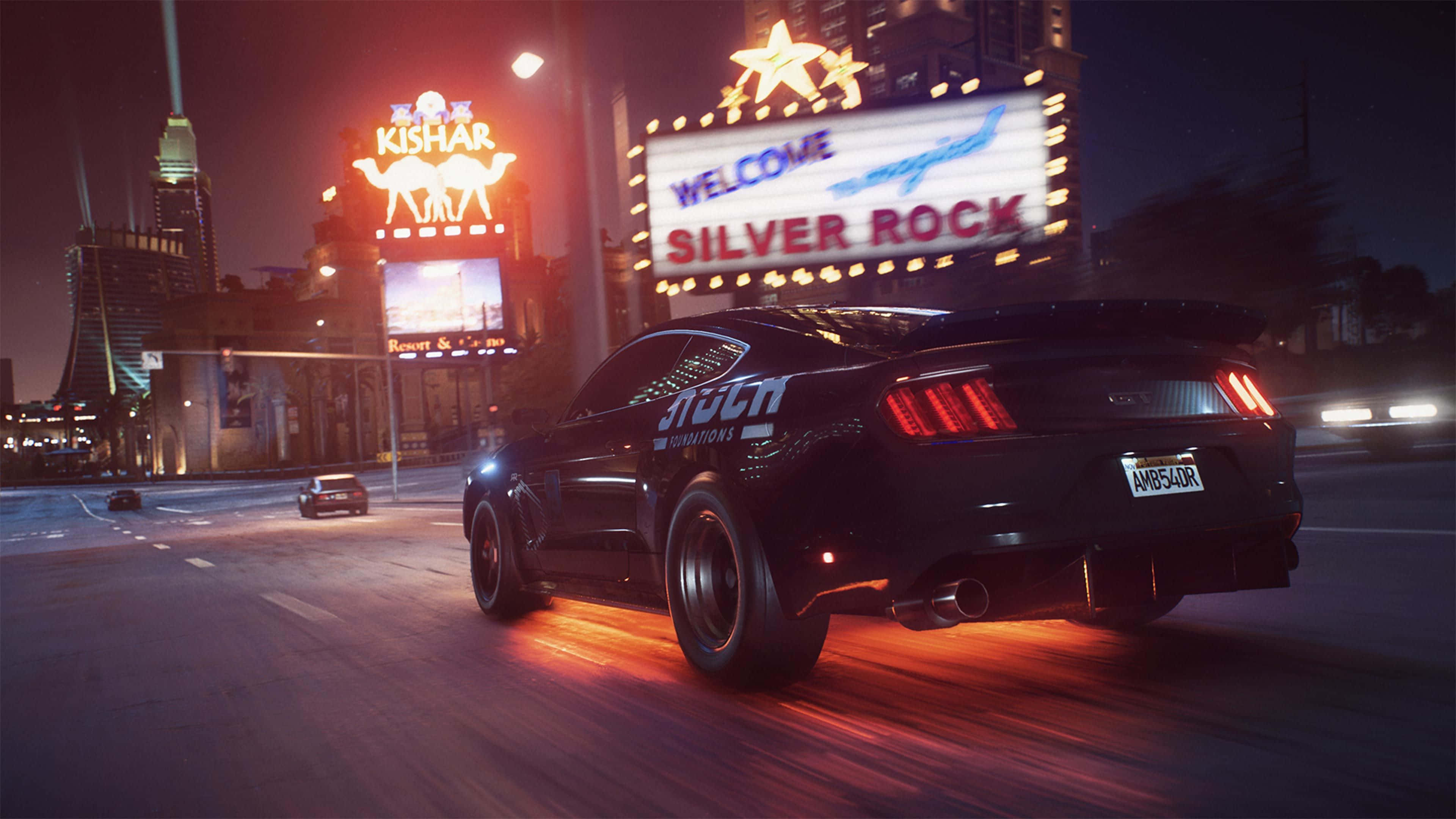 Need For Speed PC, black muscle car, neon-lit desert town, 4K Desktop Wallpaper