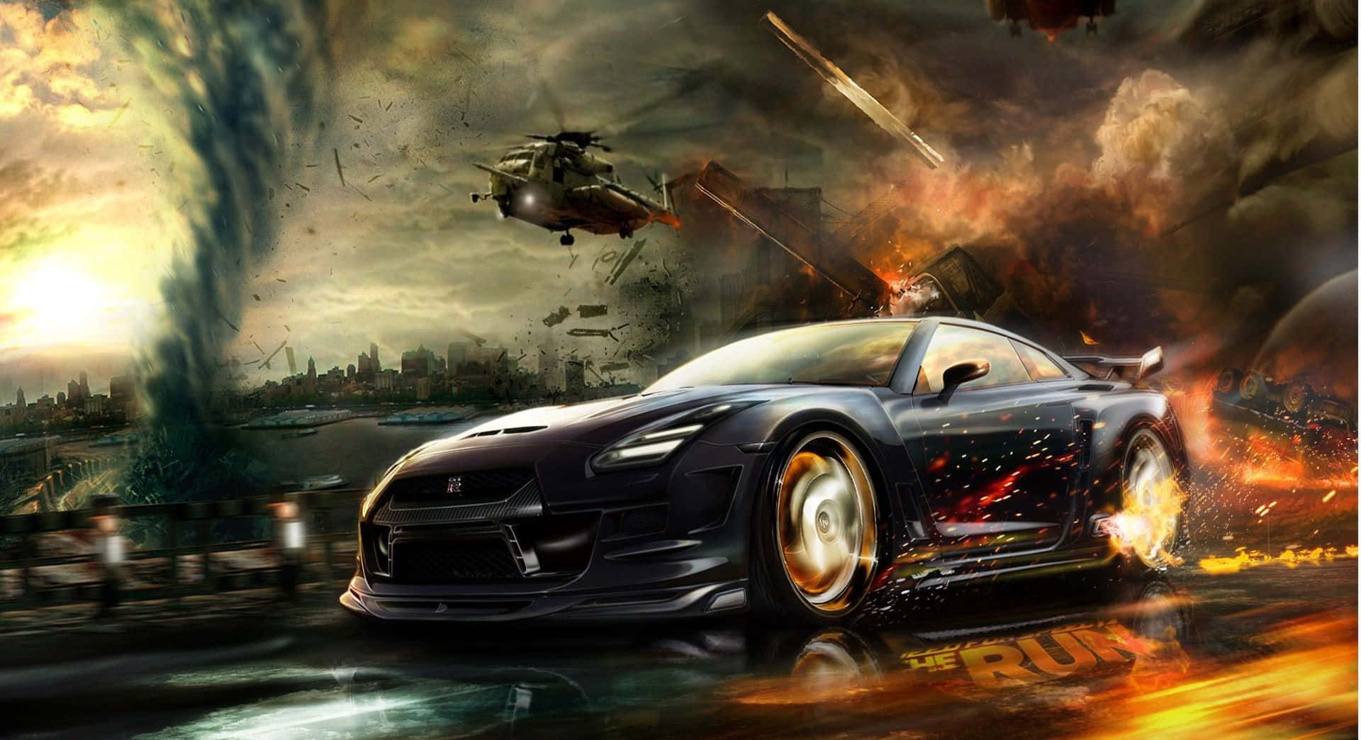Need For Speed, black sports car, fiery urban chaos, Full HD Desktop Wallpaper