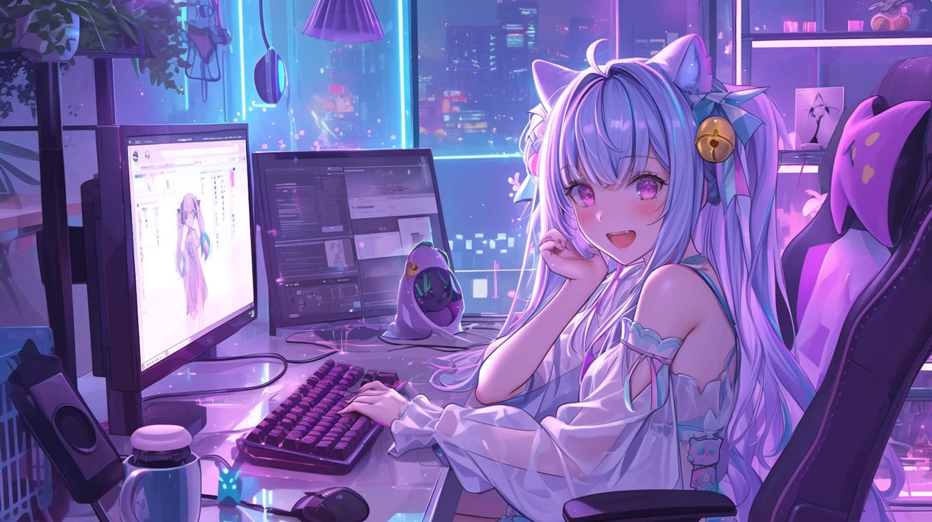 anime girl with cat ears, glowing purple gaming desk, neon-lit cityscape, Full HD Desktop Wallpaper