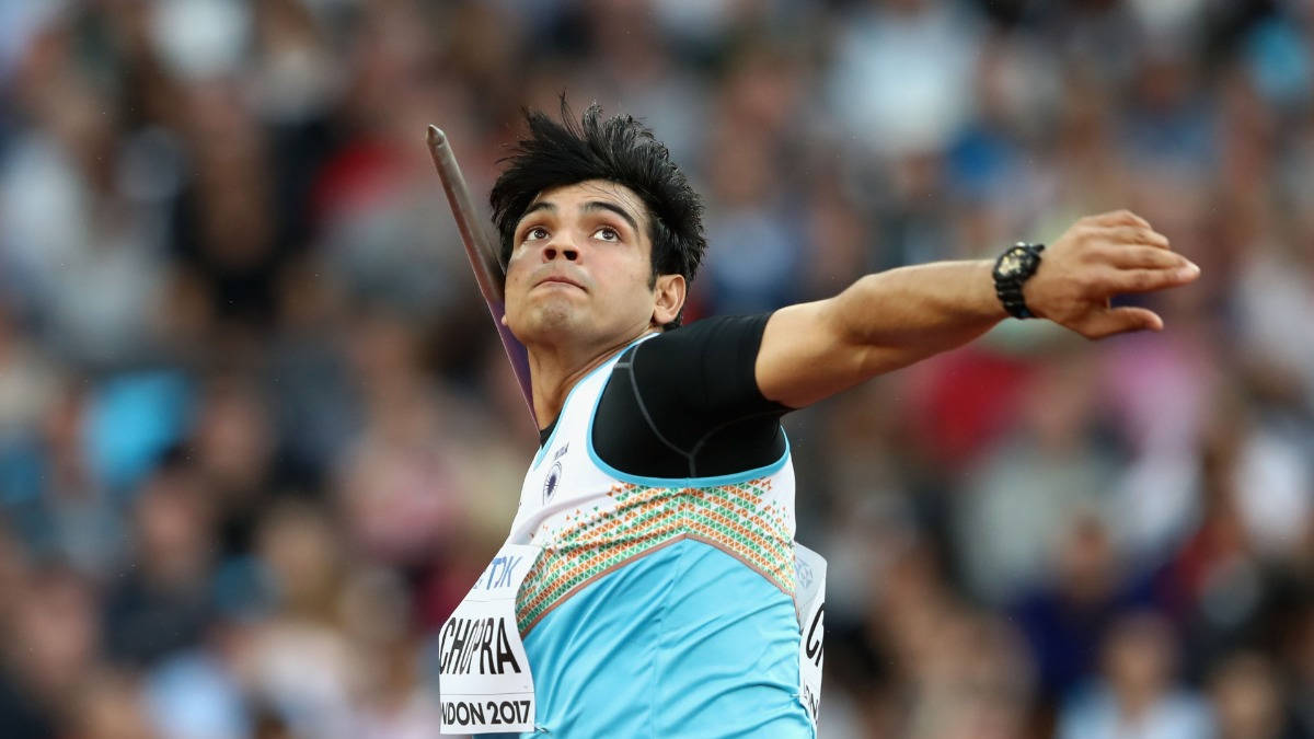 Neeraj Chopra, blue uniform, javelin, SD Desktop Wallpaper