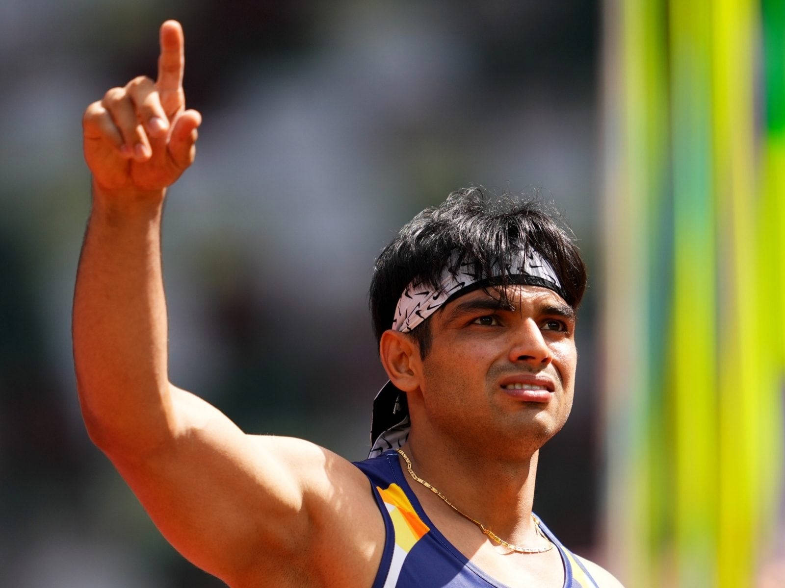 Neeraj Chopra, blue and yellow uniform, one finger, HD Desktop Wallpaper