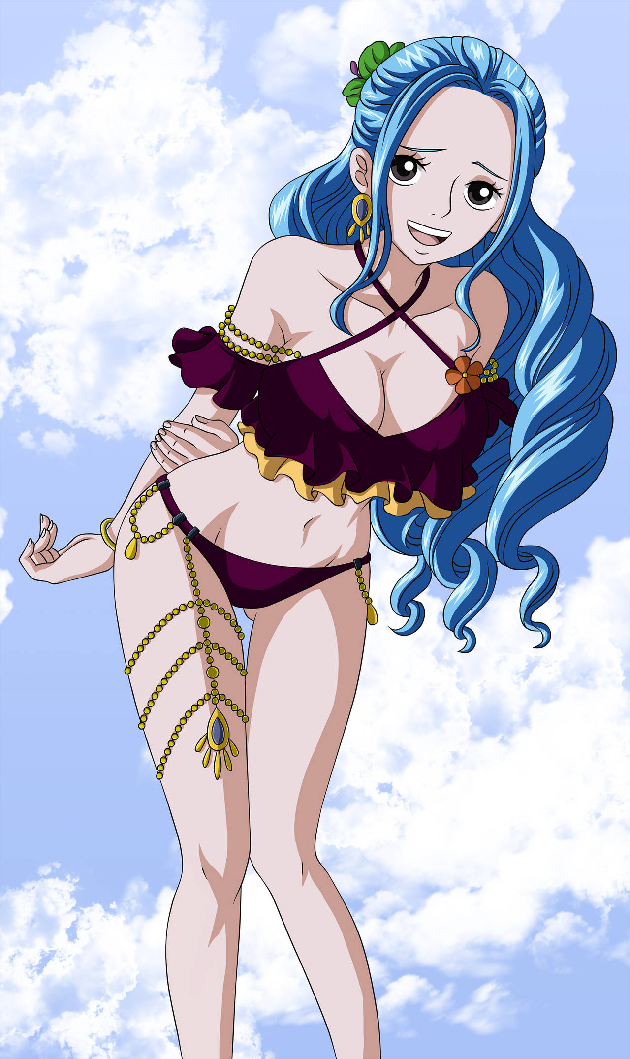 Nefertari Vivi, maroon bikini, blue-haired, Full HD Phone Wallpaper