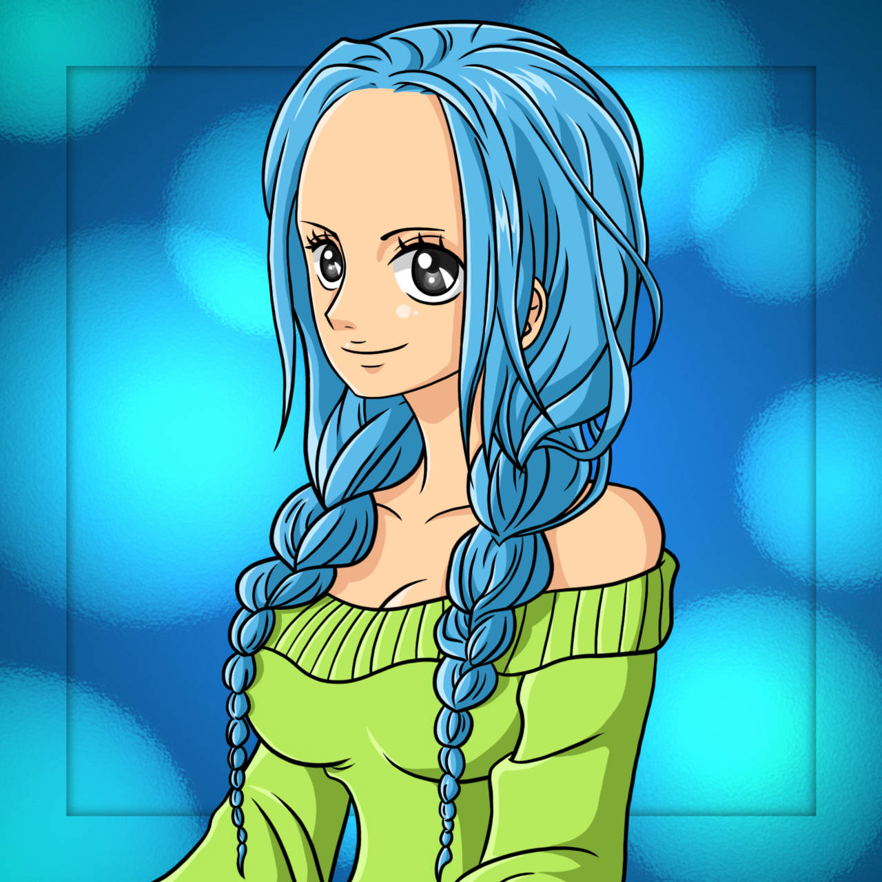 Nefertari Vivi, long blue braided hair, green off-shoulder top, HD Desktop Wallpaper