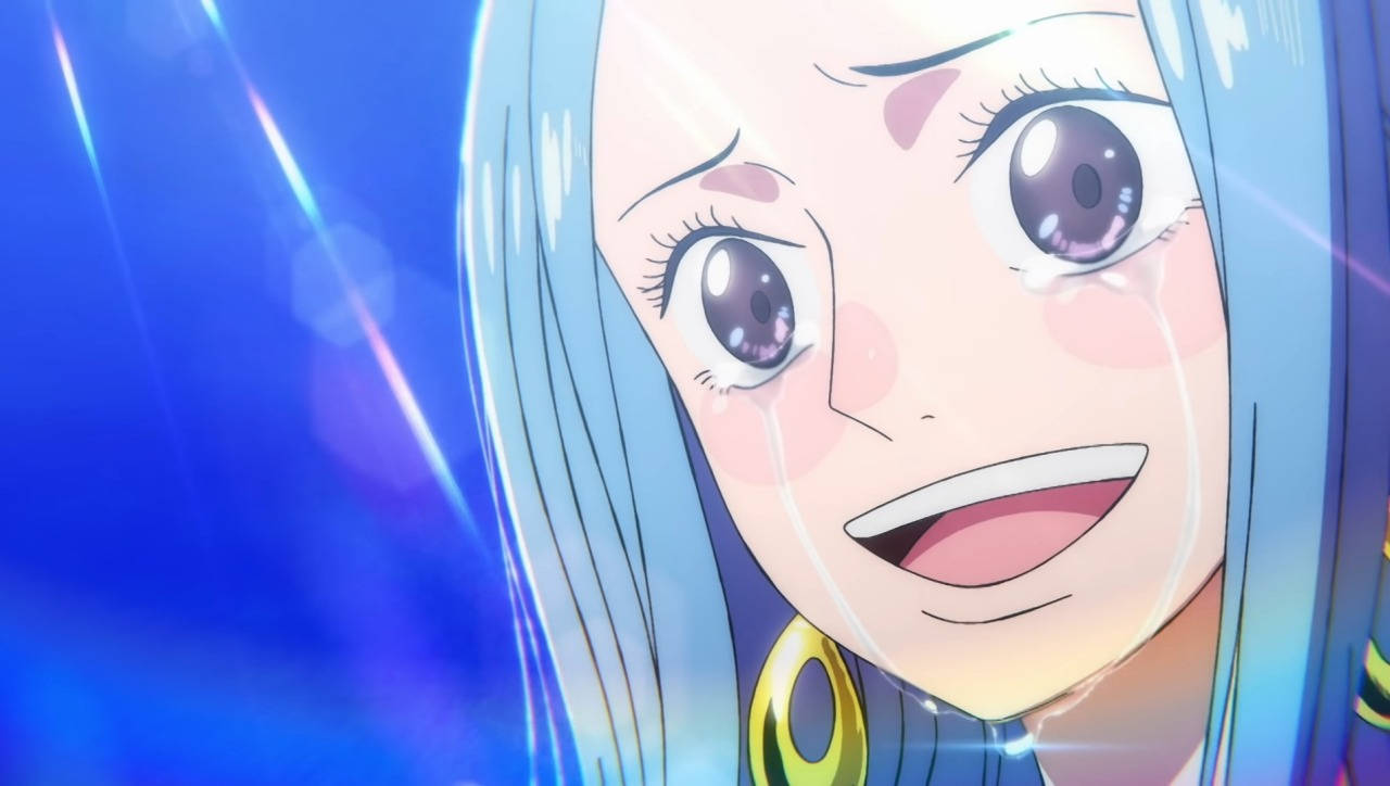 Nefertari Vivi, blue-haired anime girl, crying with a joyful, tearful smile, HD Desktop Wallpaper