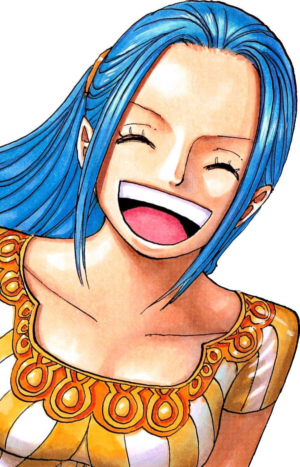 Nefertari Vivi, vibrant blue hair, golden patterned top, HD Phone Wallpaper
