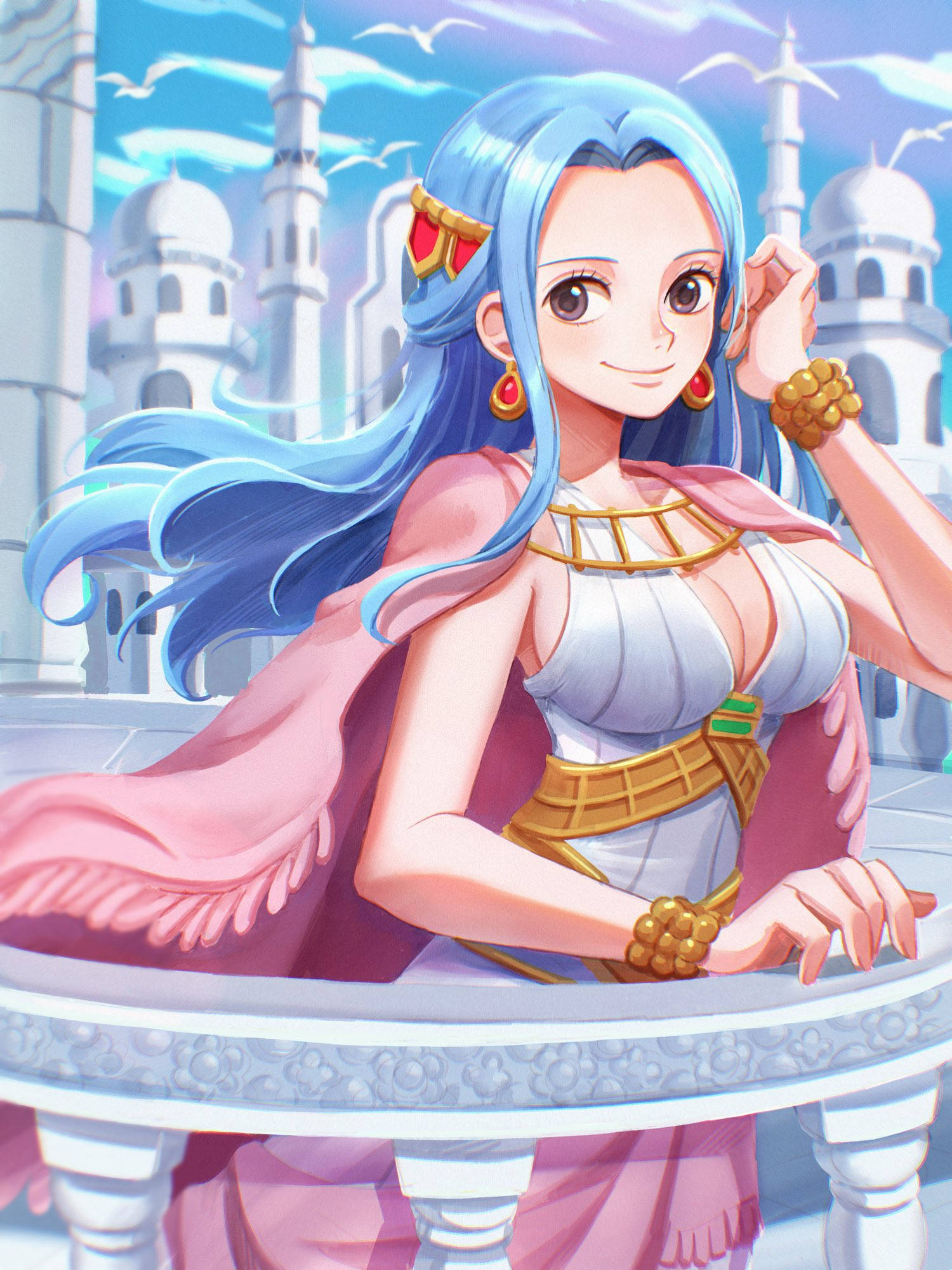 Nefertari Vivi, elegant white dress, flowing blue hair, Full HD Phone Wallpaper