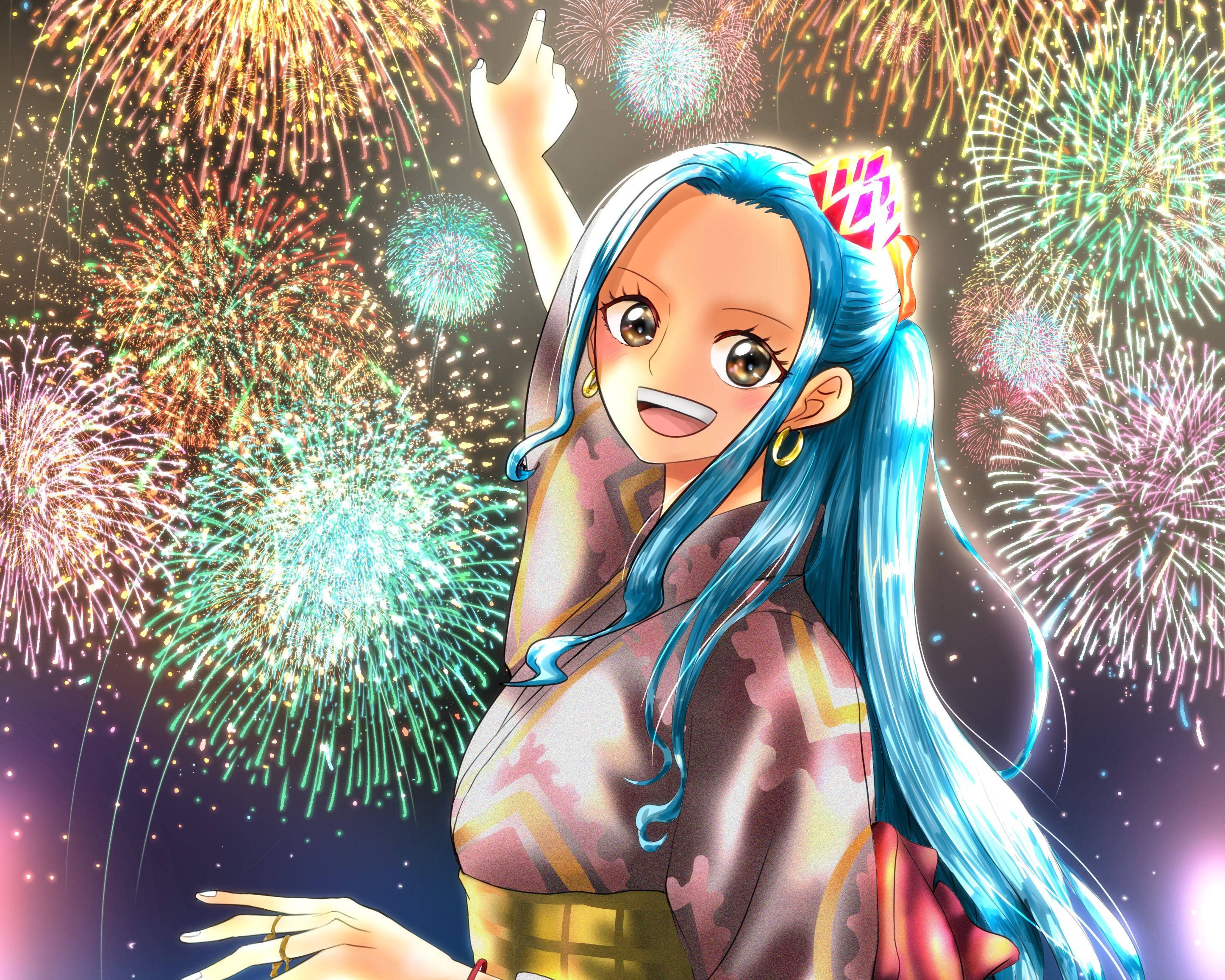 Nefertari Vivi, fireworks, blue hair, 2K Desktop Wallpaper