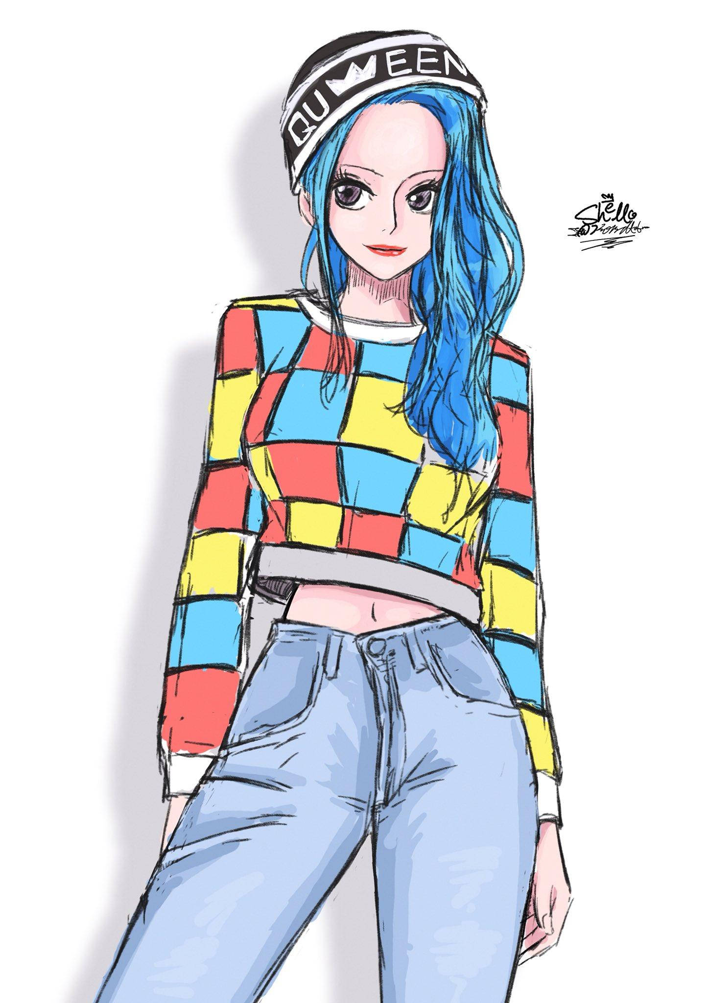 Nefertari Vivi, blue hair, checkered crop top, Full HD Phone Wallpaper