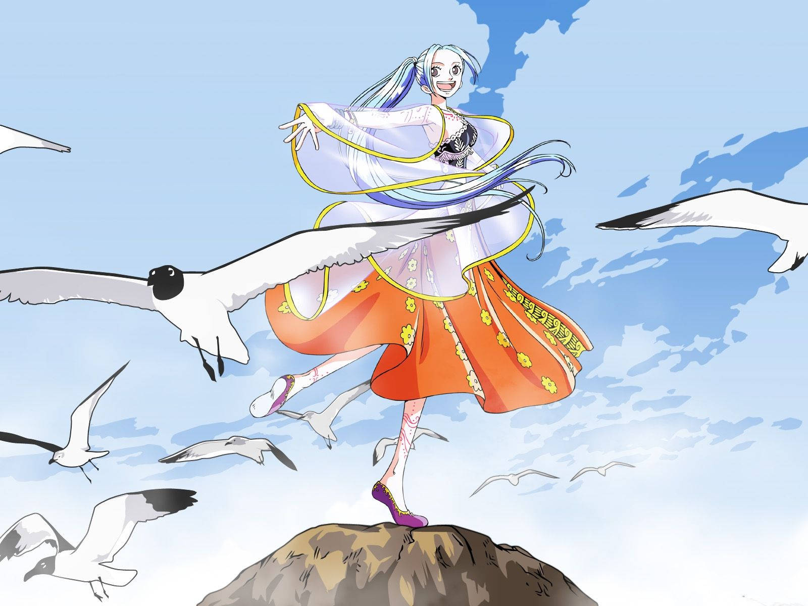 Nefertari Vivi, blue hair, seagulls, HD Desktop Wallpaper