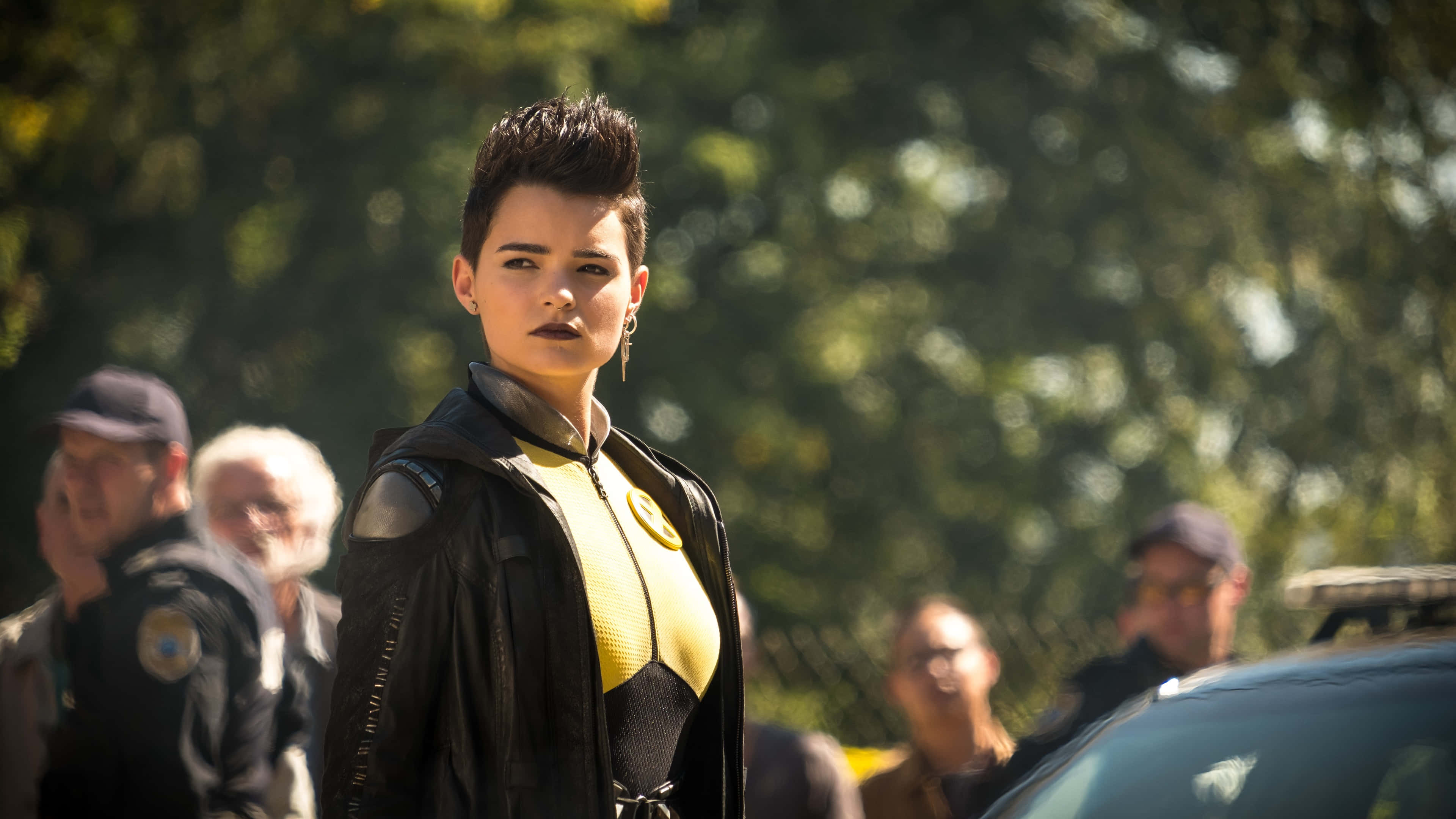 Negasonic Teenage Warhead, yellow and black superhero suit, outdoors, 4K Desktop Wallpaper