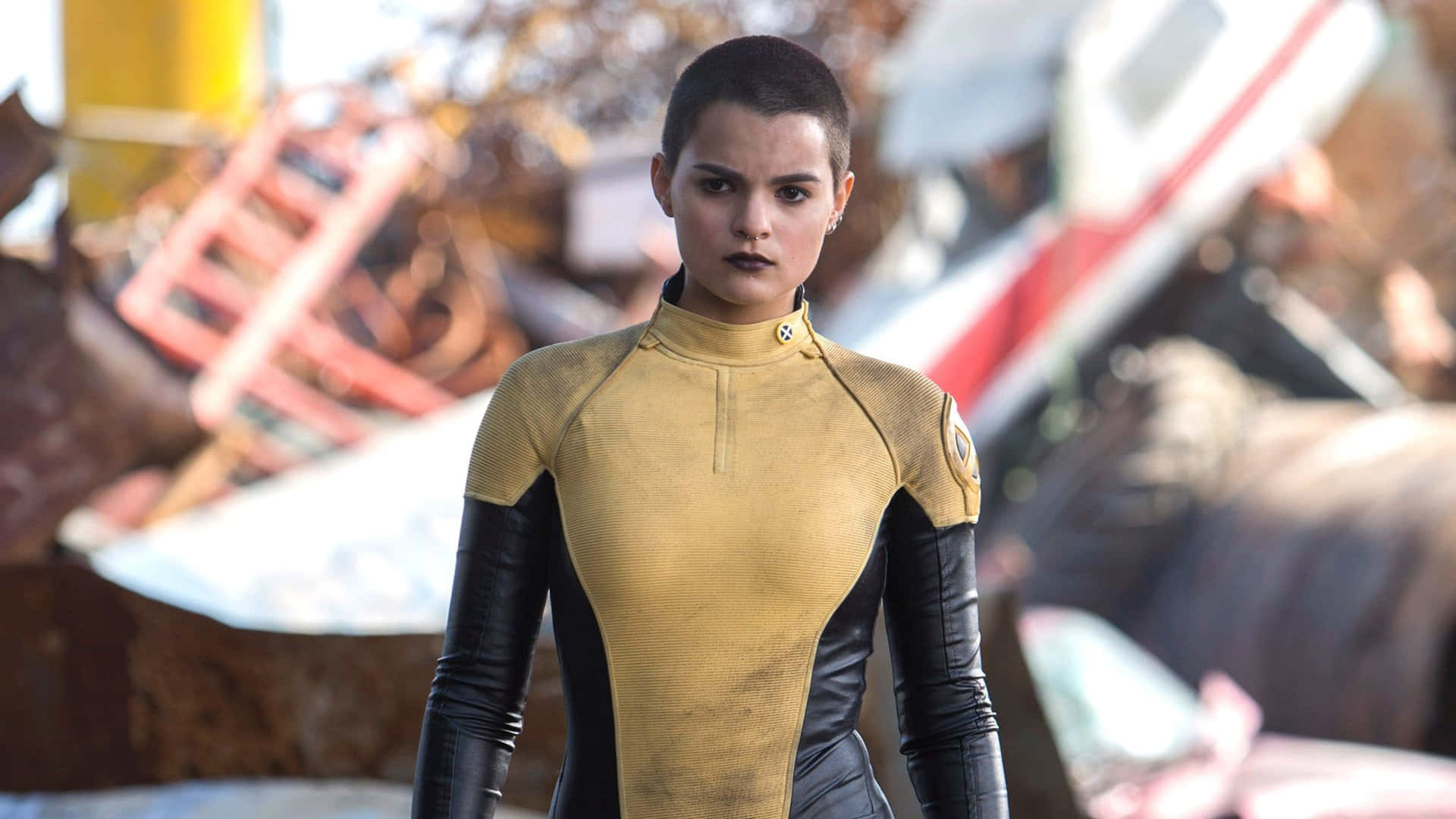 Negasonic Teenage Warhead, yellow and black futuristic suit, wreckage, Full HD Desktop Wallpaper