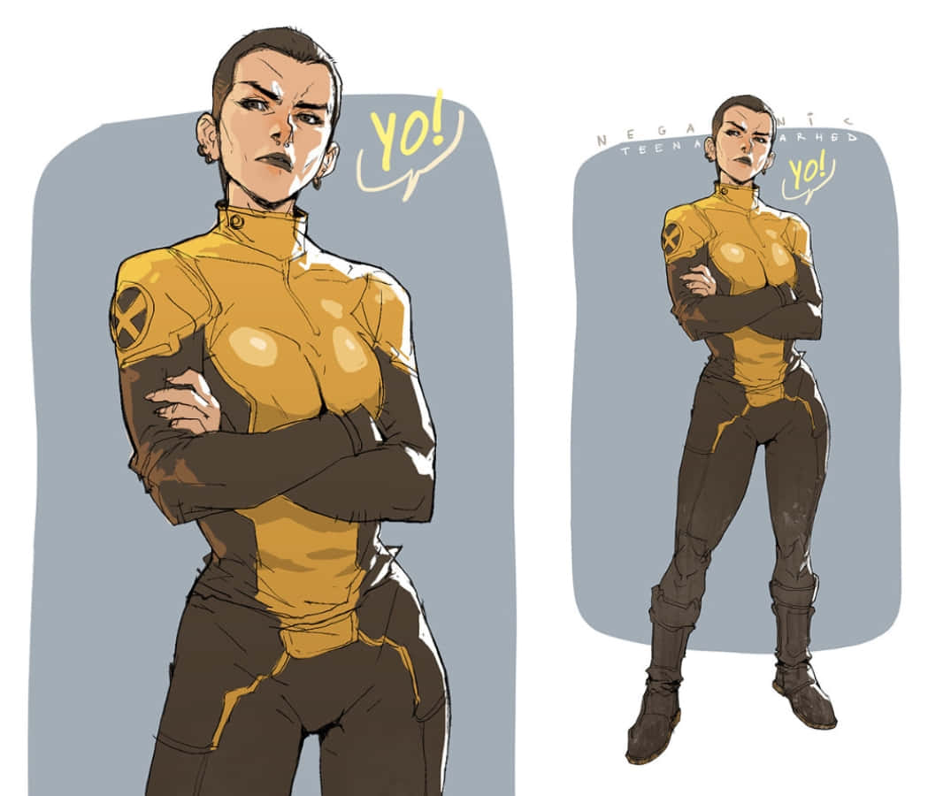 Negasonic Teenage Warhead, yellow and brown X-Men uniform, arms crossed, SD Desktop Wallpaper