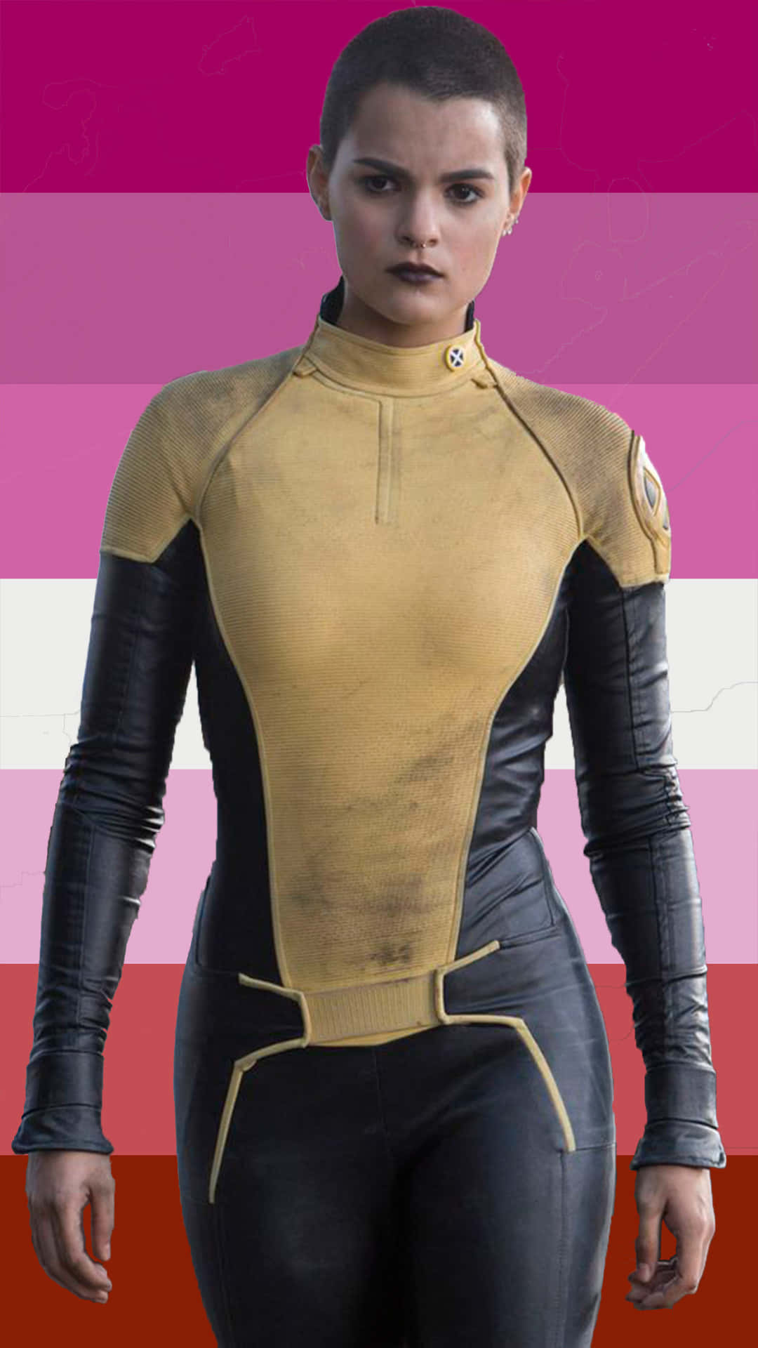 Negasonic Teenage Warhead, yellow and black futuristic suit, pink white and red striped background, Full HD Phone Wallpaper