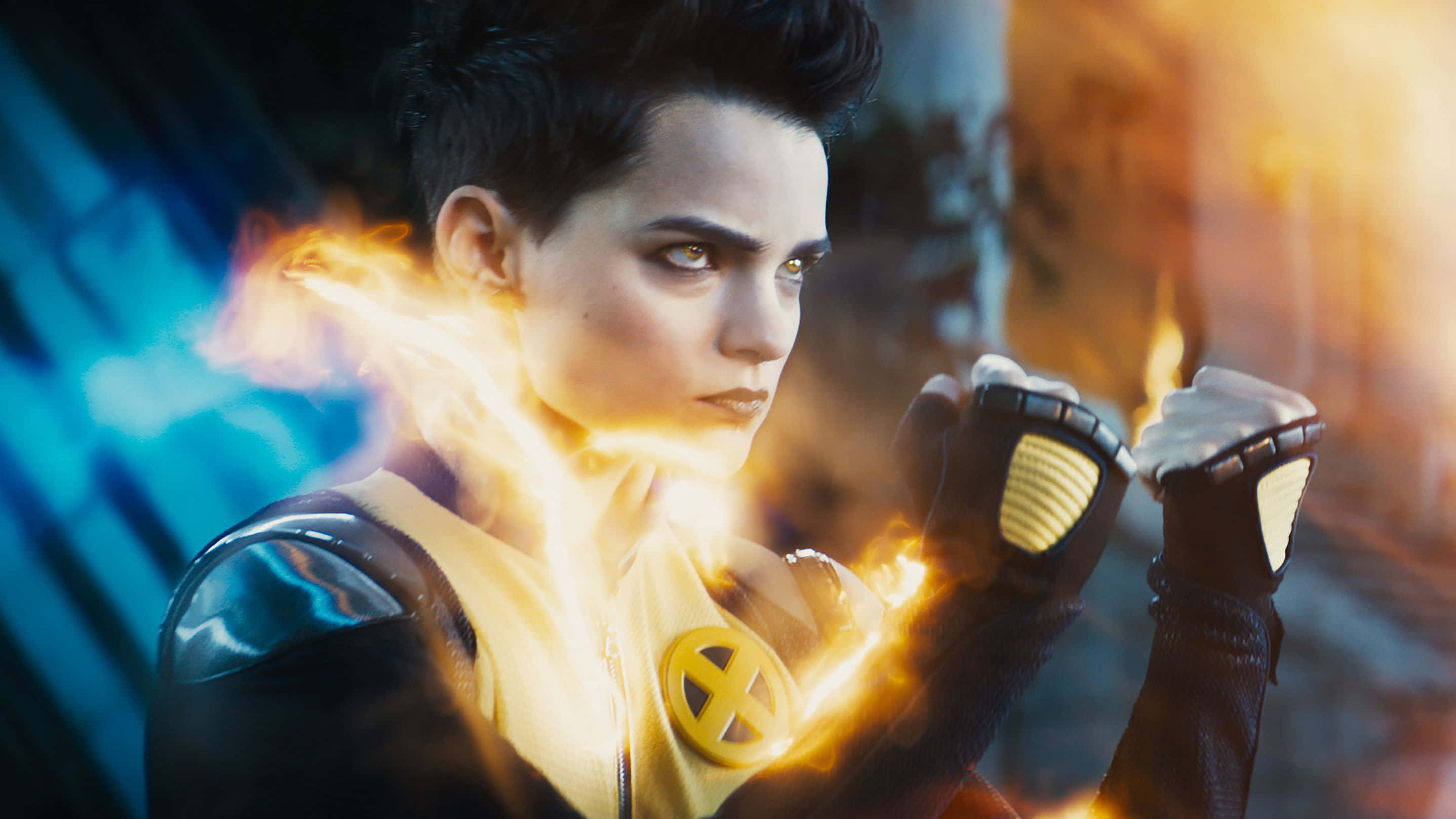 Negasonic Teenage Warhead, short dark hair, glowing yellow eyes, 2K Desktop Wallpaper