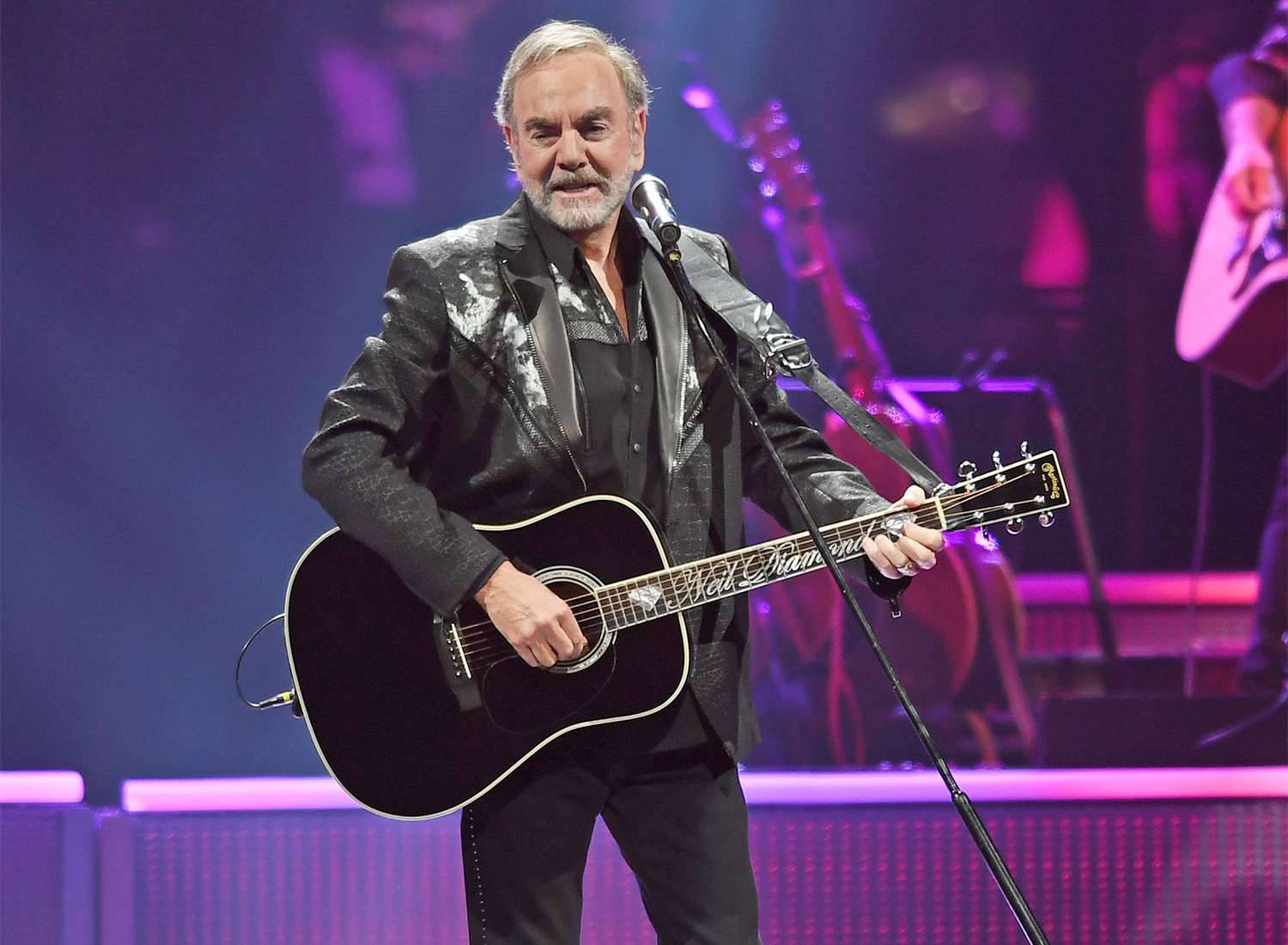 Neil Diamond, shiny black jacket, acoustic guitar, HD Desktop Wallpaper