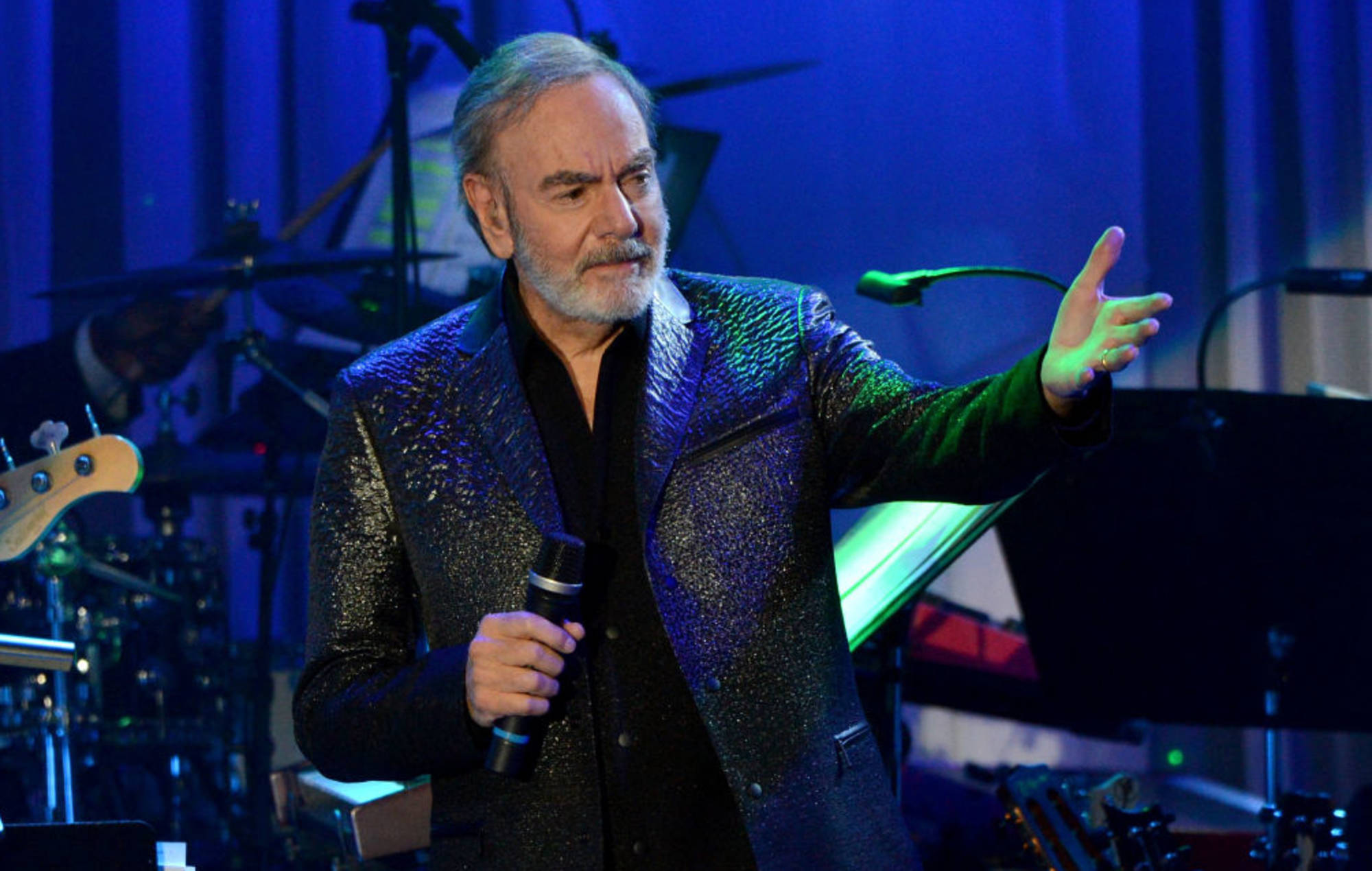 Neil Diamond, glittering blue jacket, blue stage lights, Full HD Desktop Wallpaper