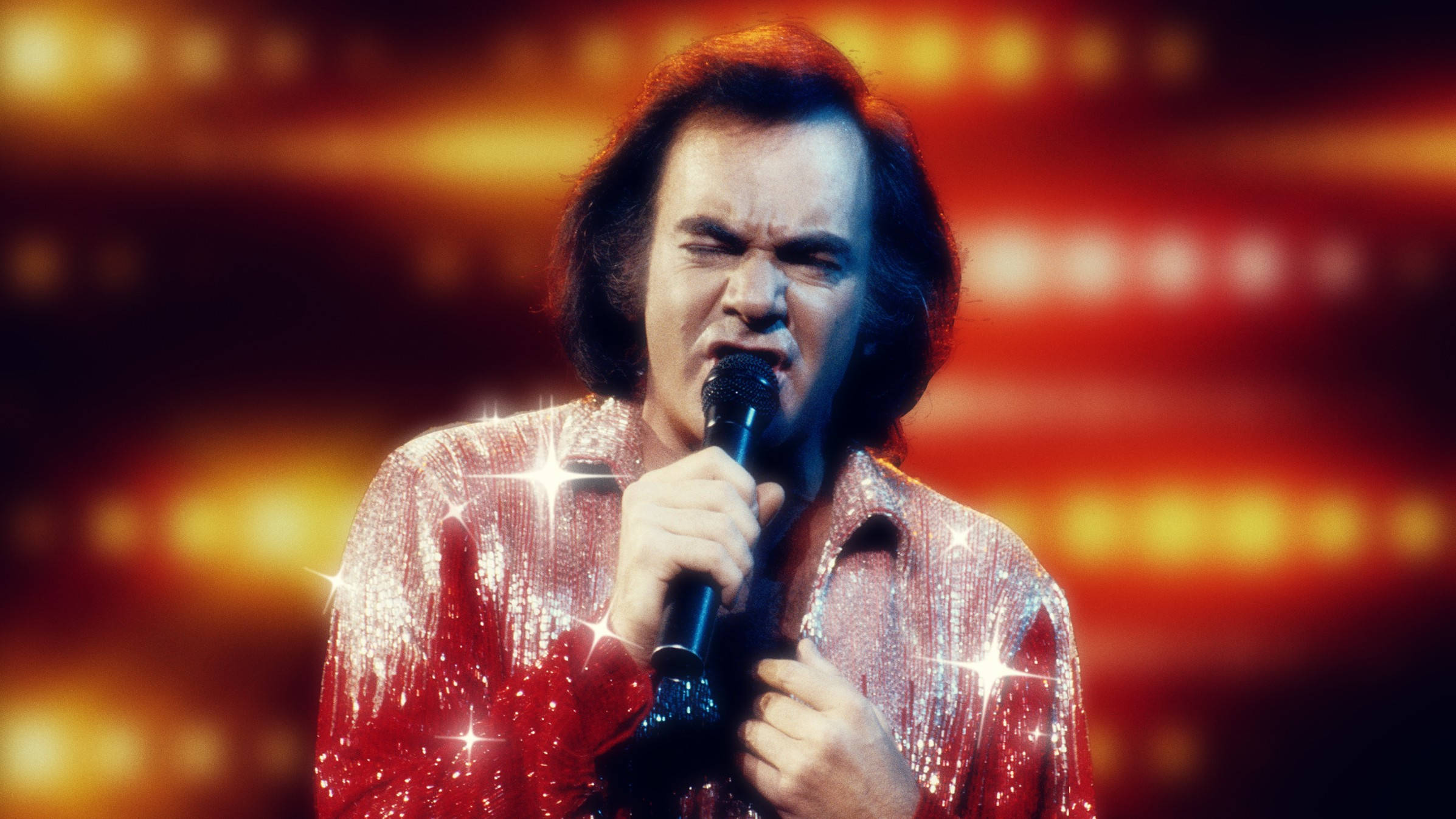 Neil Diamond, glittering red outfit, microphone, Full HD Desktop Wallpaper