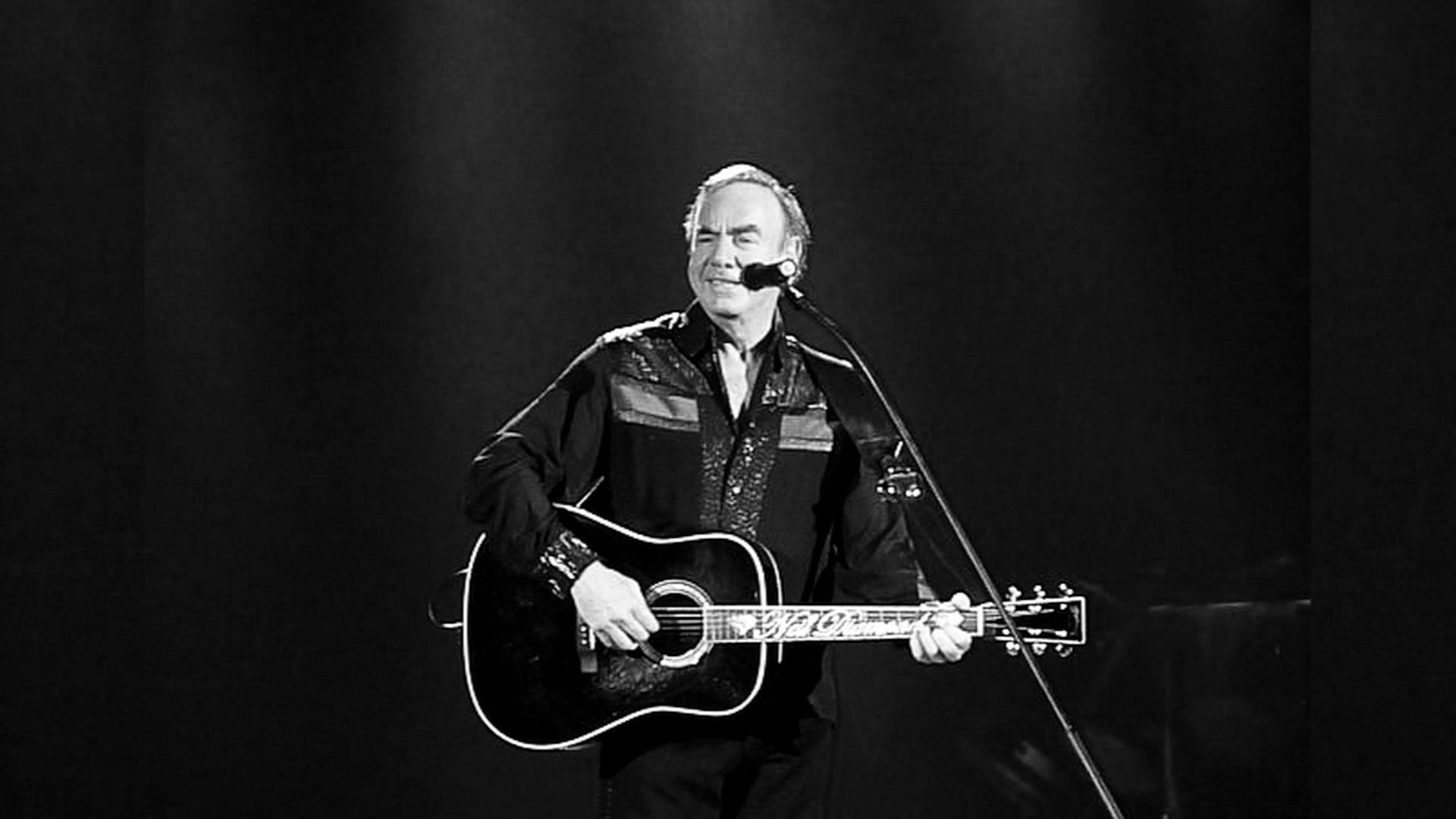 Neil Diamond, acoustic guitar, microphone, Full HD Desktop Wallpaper