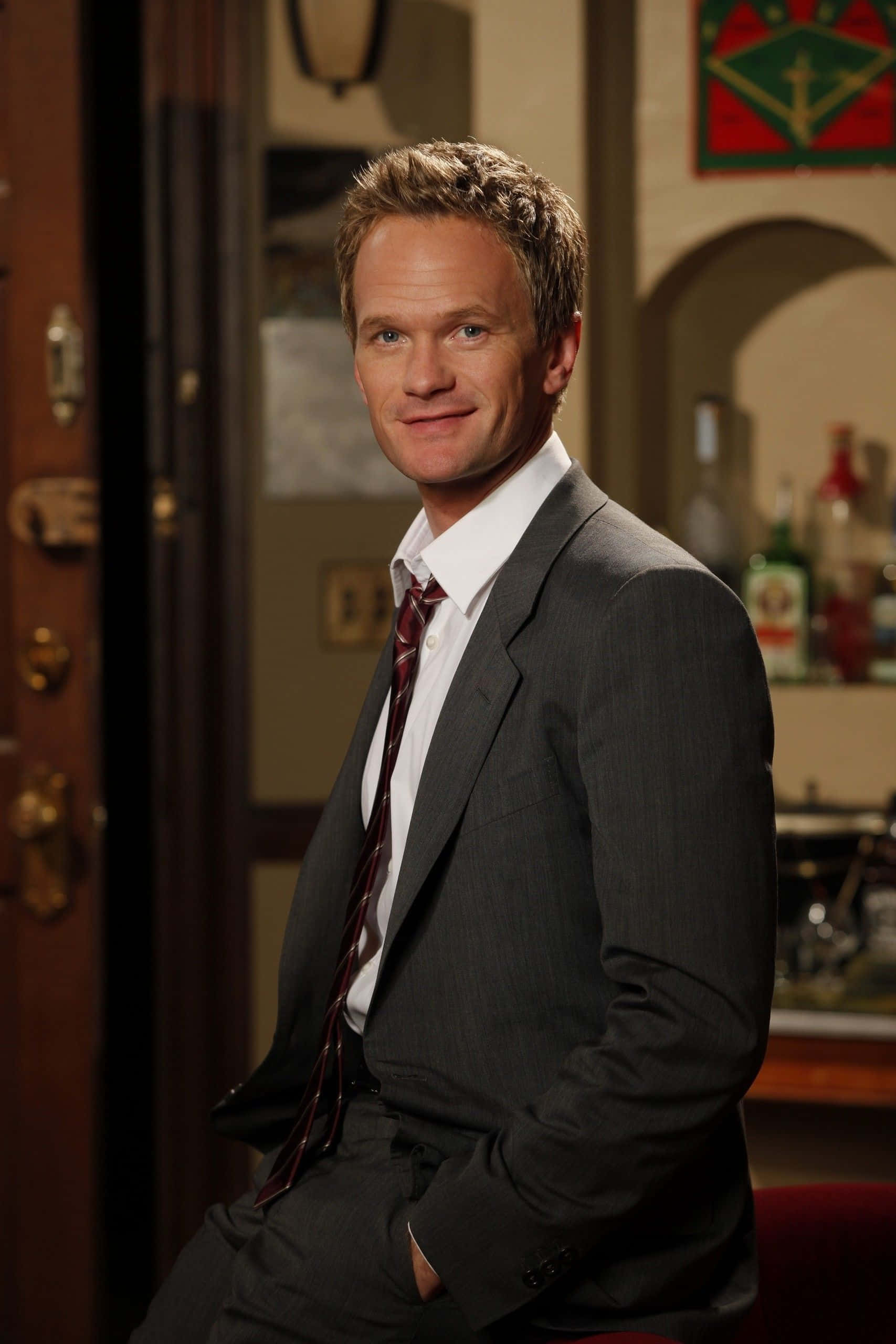 Neil Patrick Harris, grey suit, red tie, 2K Phone Wallpaper