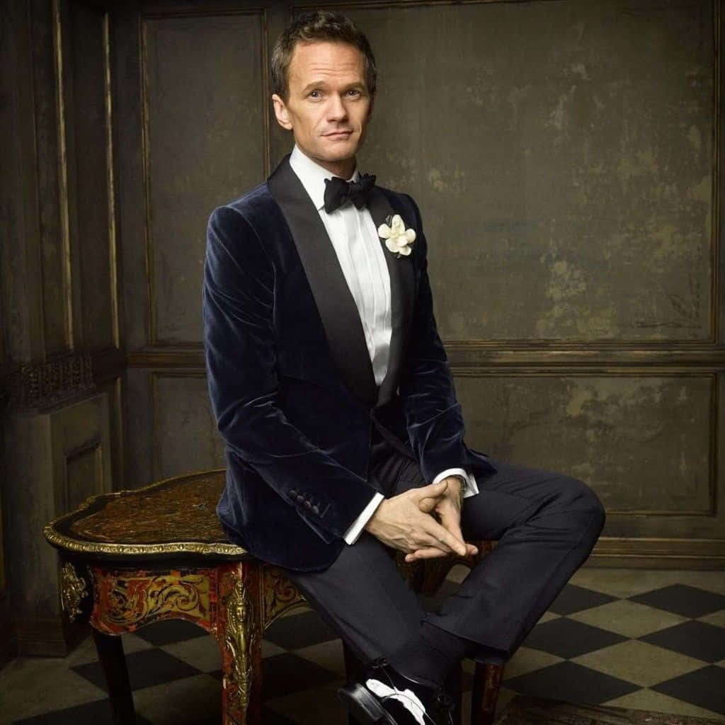 Neil Patrick Harris, navy velvet tuxedo, white flower boutonniere, SD Desktop Wallpaper