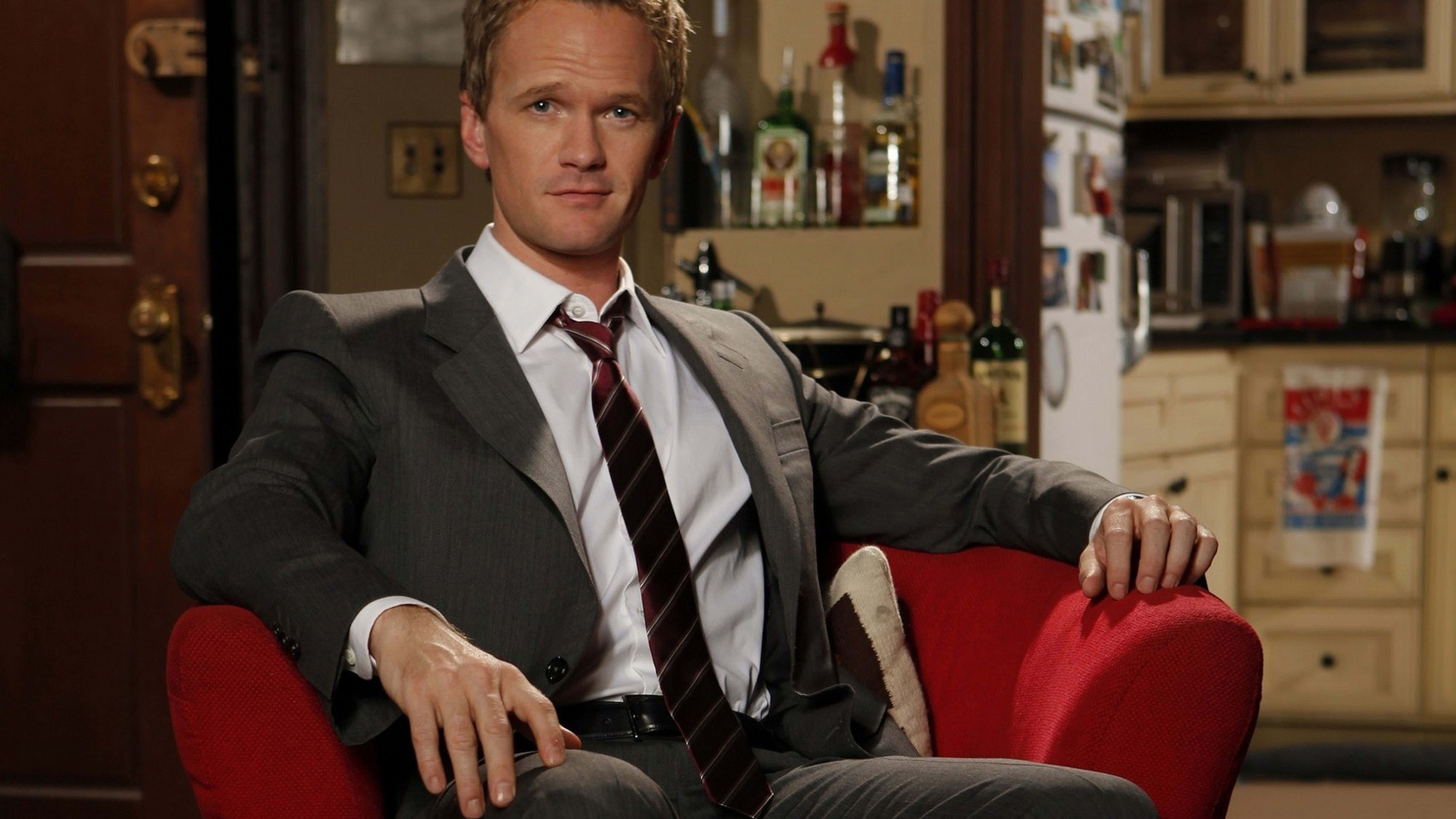 Neil Patrick Harris, gray suit, red armchair, 8K Desktop Wallpaper