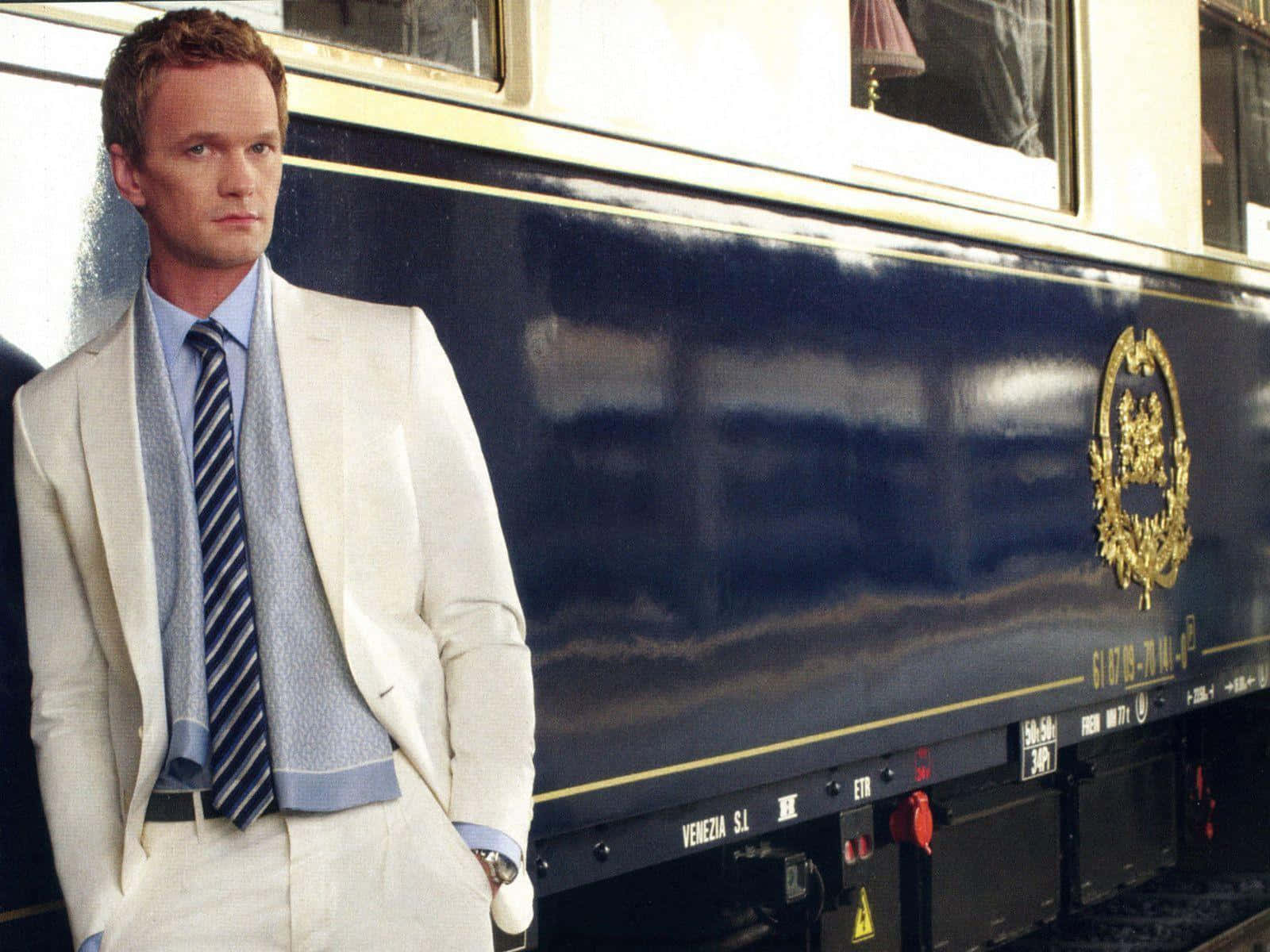 Neil Patrick Harris, crisp white suit, luxurious dark blue train car, HD Desktop Wallpaper