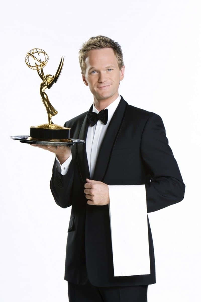 Neil Patrick Harris, black tuxedo, golden Emmy statue, SD Phone Wallpaper