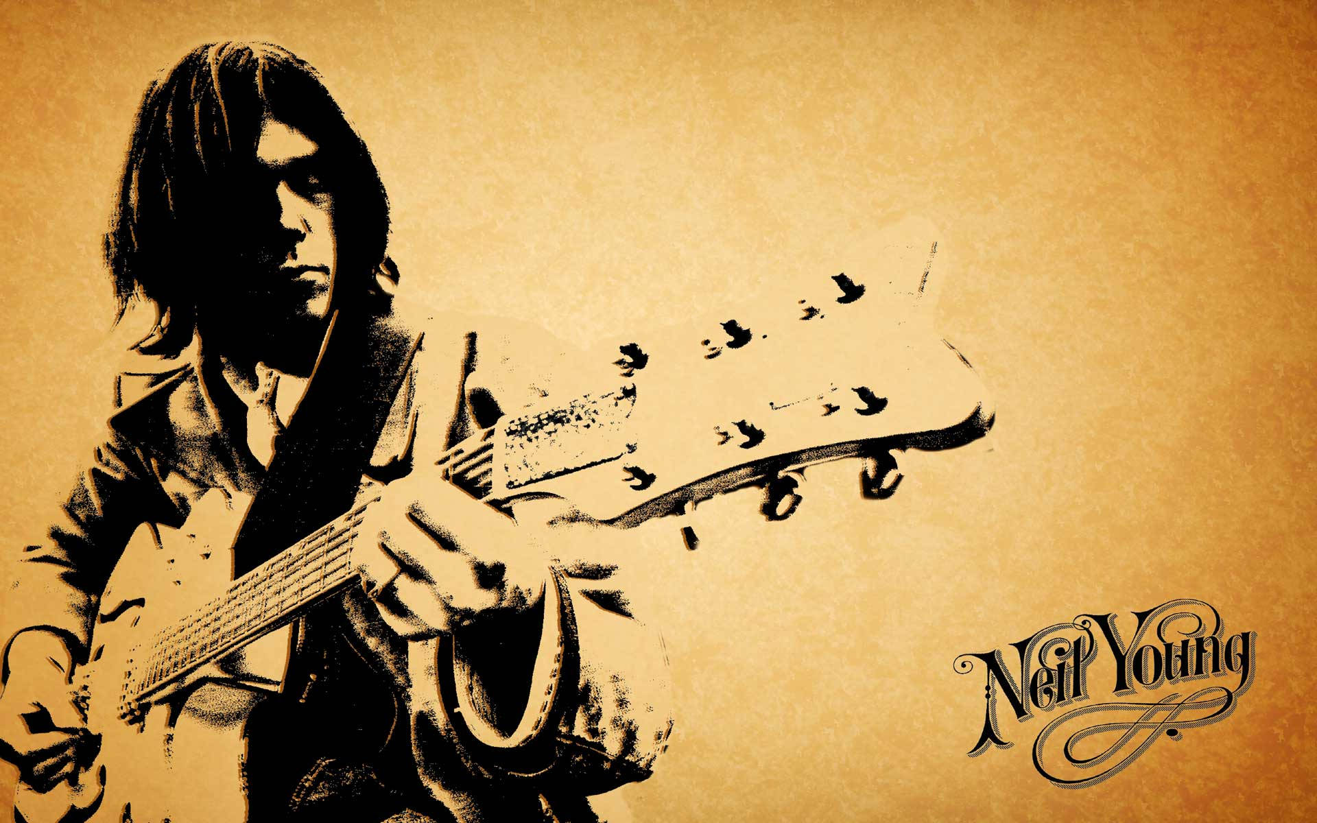 Neil Young, electric guitar, sepia-toned, Full HD Desktop Wallpaper