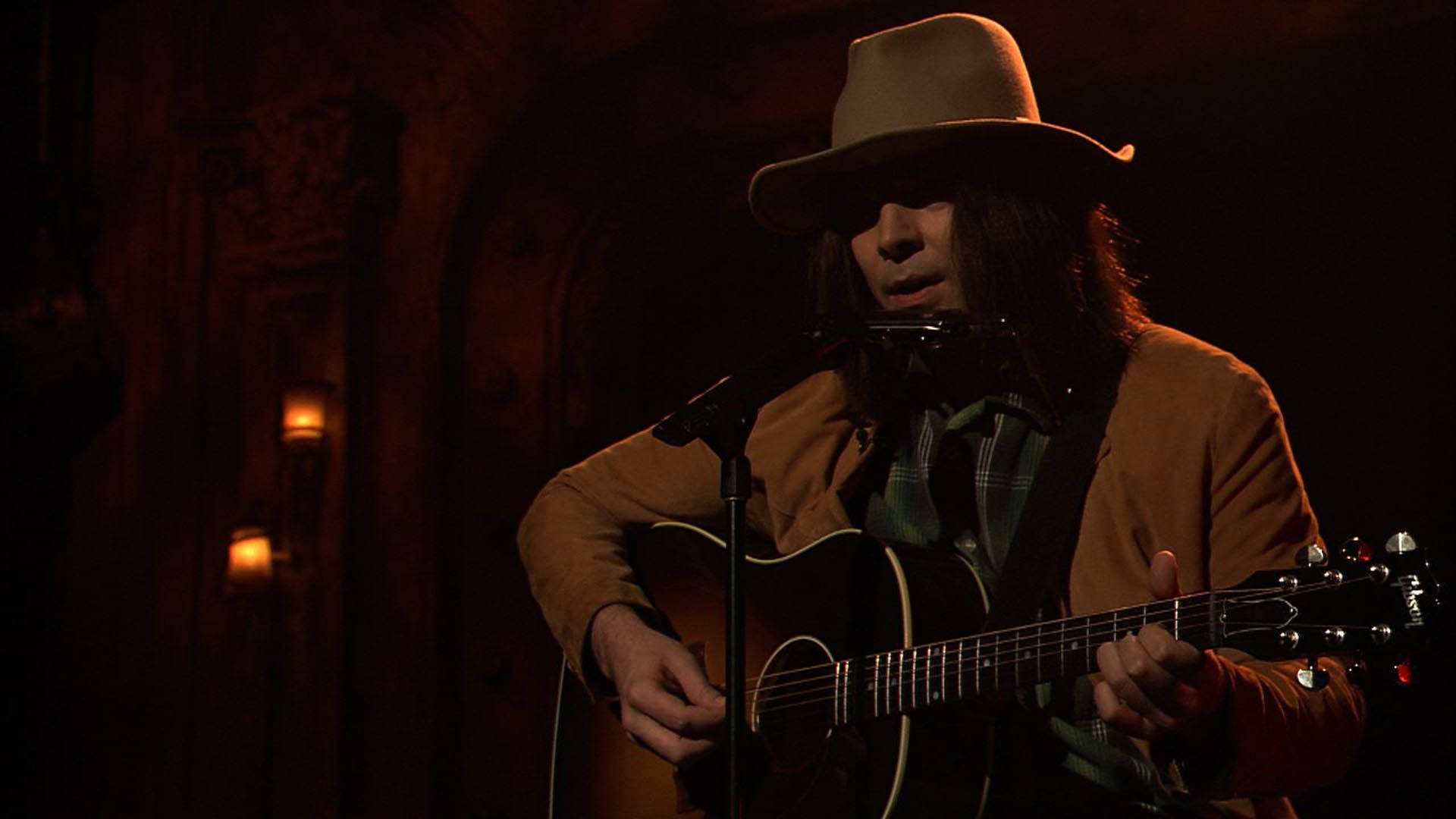 Neil Young, acoustic guitar, candlelight, Full HD Desktop Wallpaper