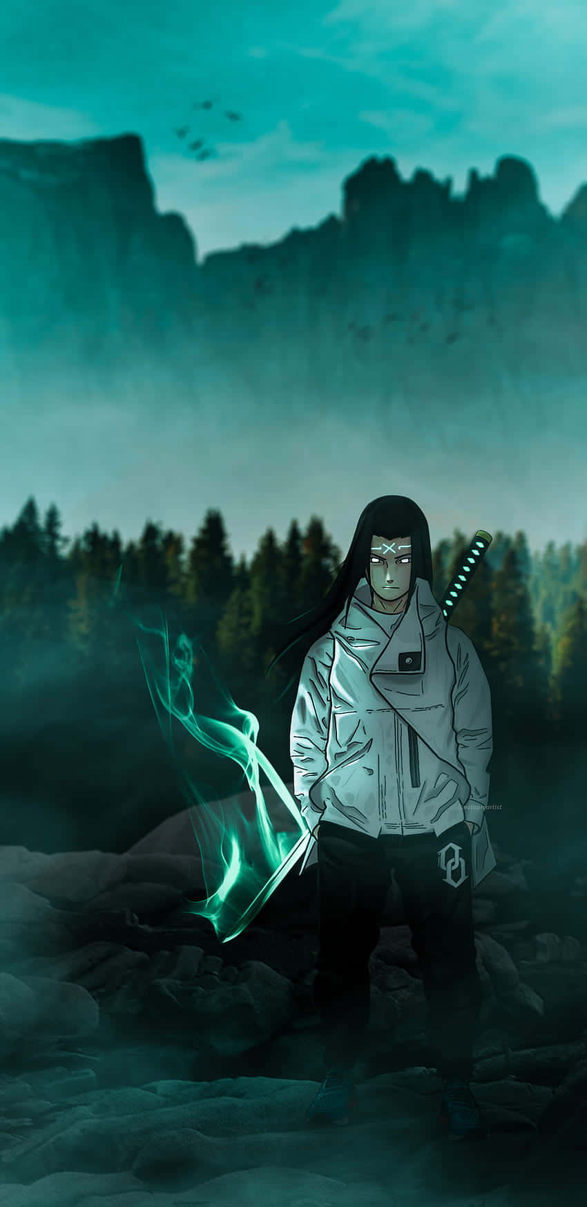 Neji Hyuga, glowing green sword, misty forest mountains, HD Phone Wallpaper
