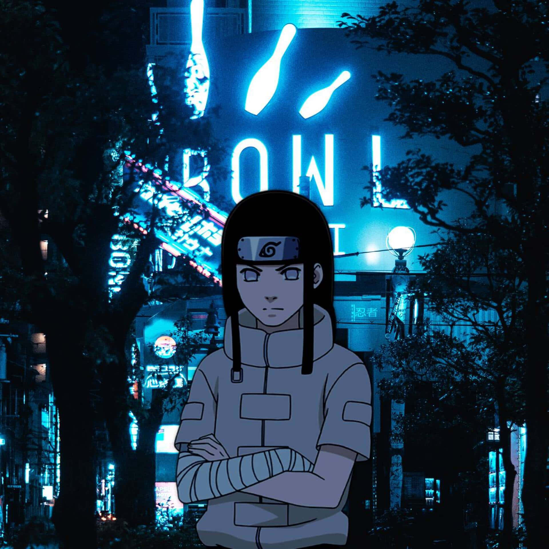 Neji Hyuga, neon-lit urban night, glowing bowling alley sign, Full HD Desktop Wallpaper