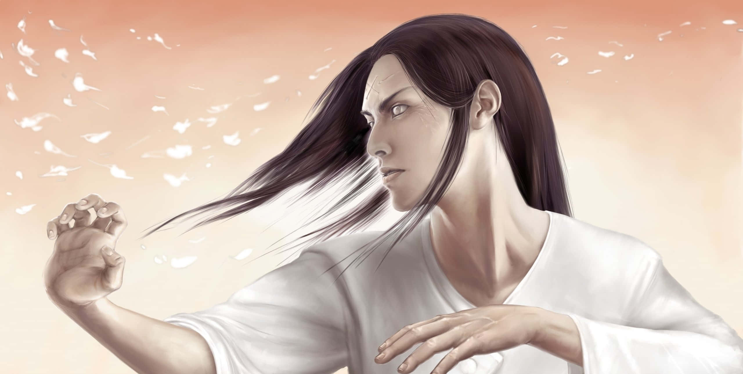 Neji Hyuga, long dark hair, white robes, 2K Desktop Wallpaper