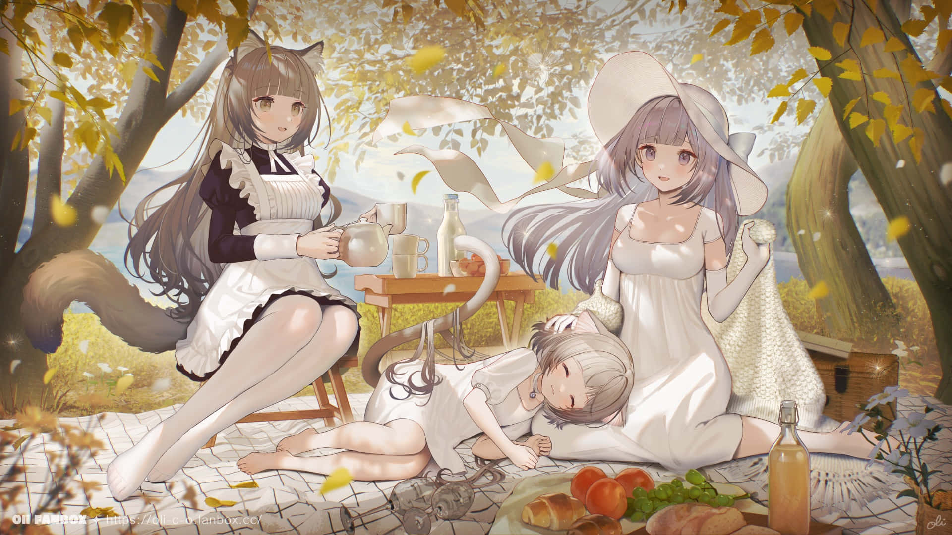 anime girls, cat ears, tails, Full HD Desktop Wallpaper