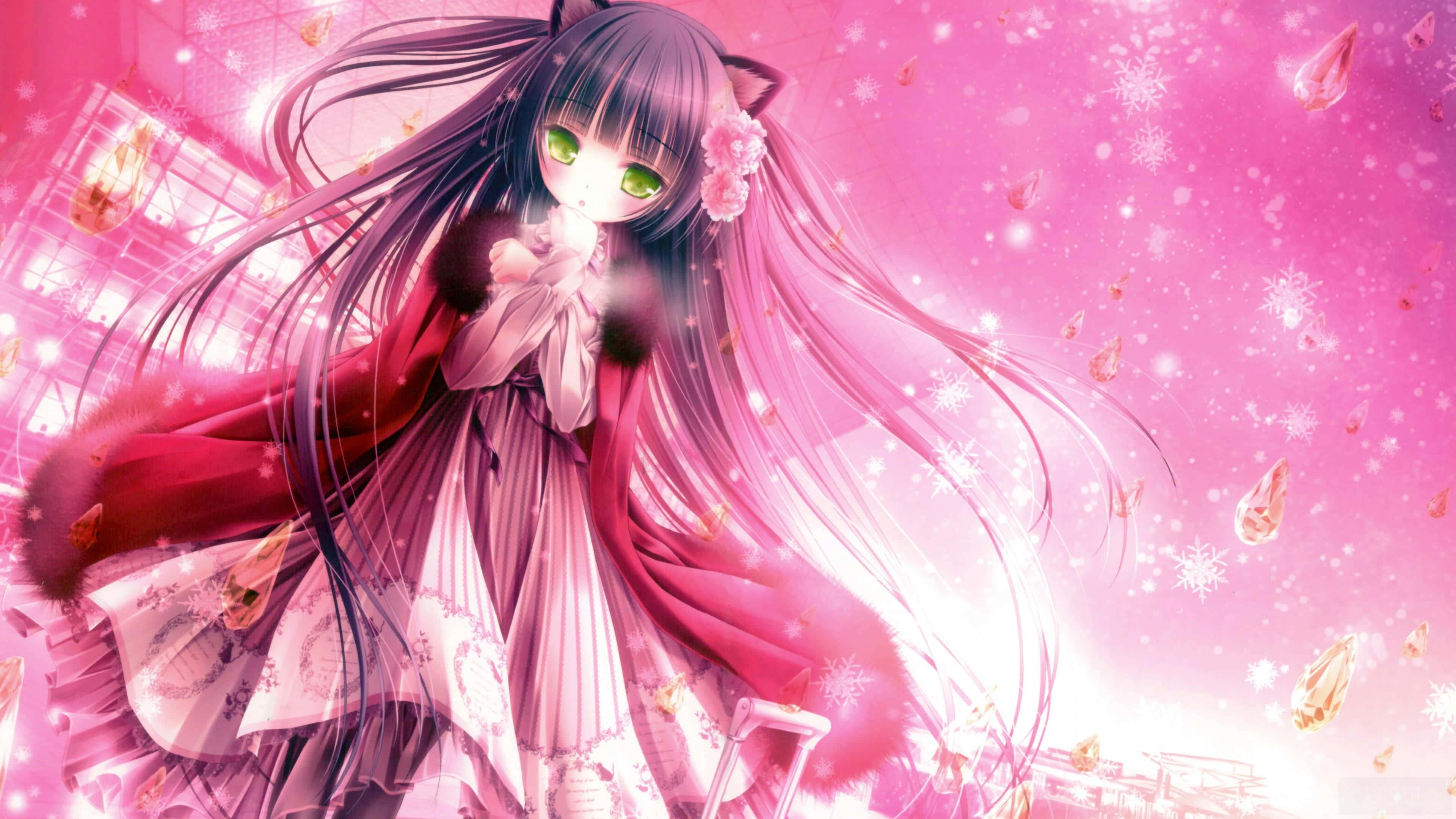 Pink Neko Girl, anime girl, cat-eared, 4K Desktop Wallpaper