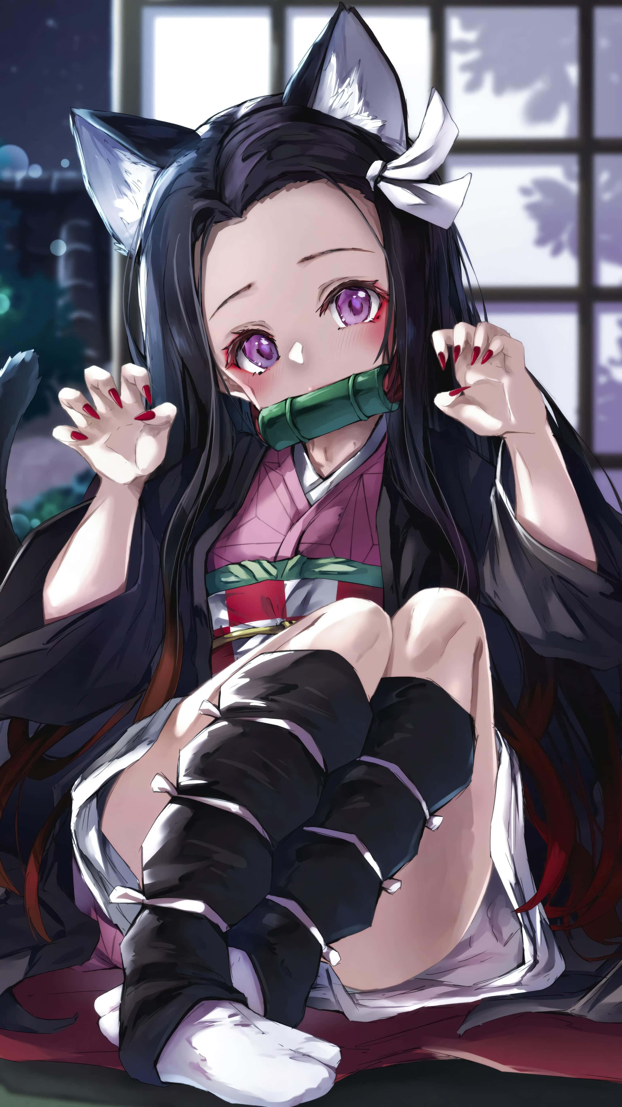 Neko Girl, kimono, bamboo gag, 4K Phone Wallpaper