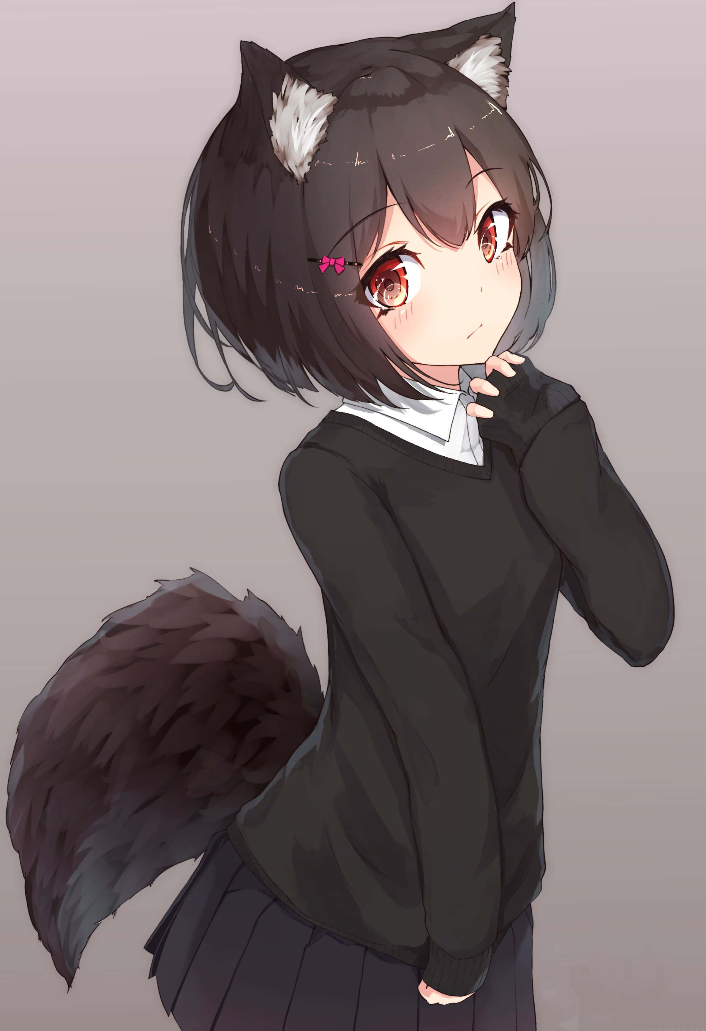 anime girl, dark fur ears, tail, 2K Phone Wallpaper