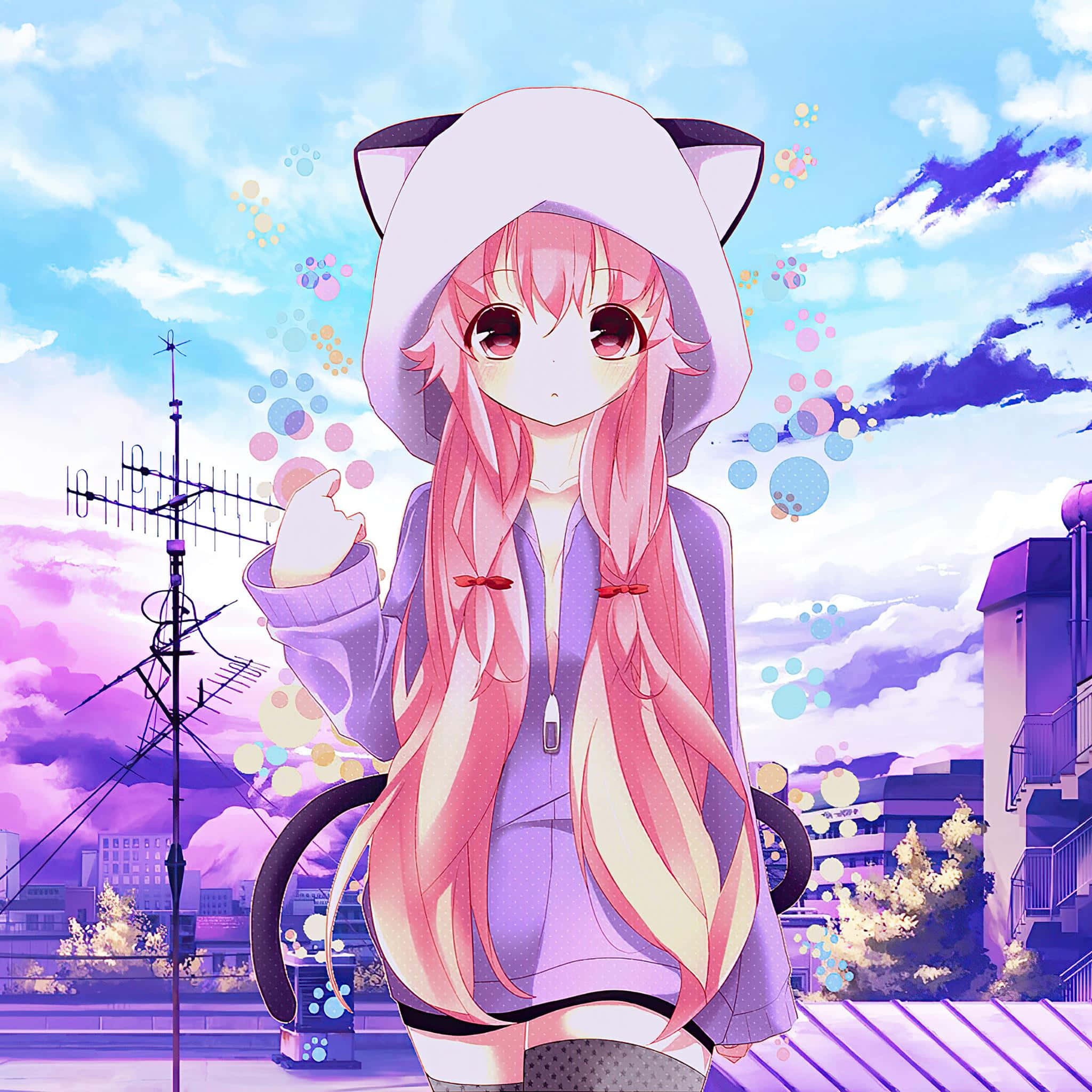 pink-haired anime girl, cat-eared hoodie, rooftop, Full HD Desktop Wallpaper