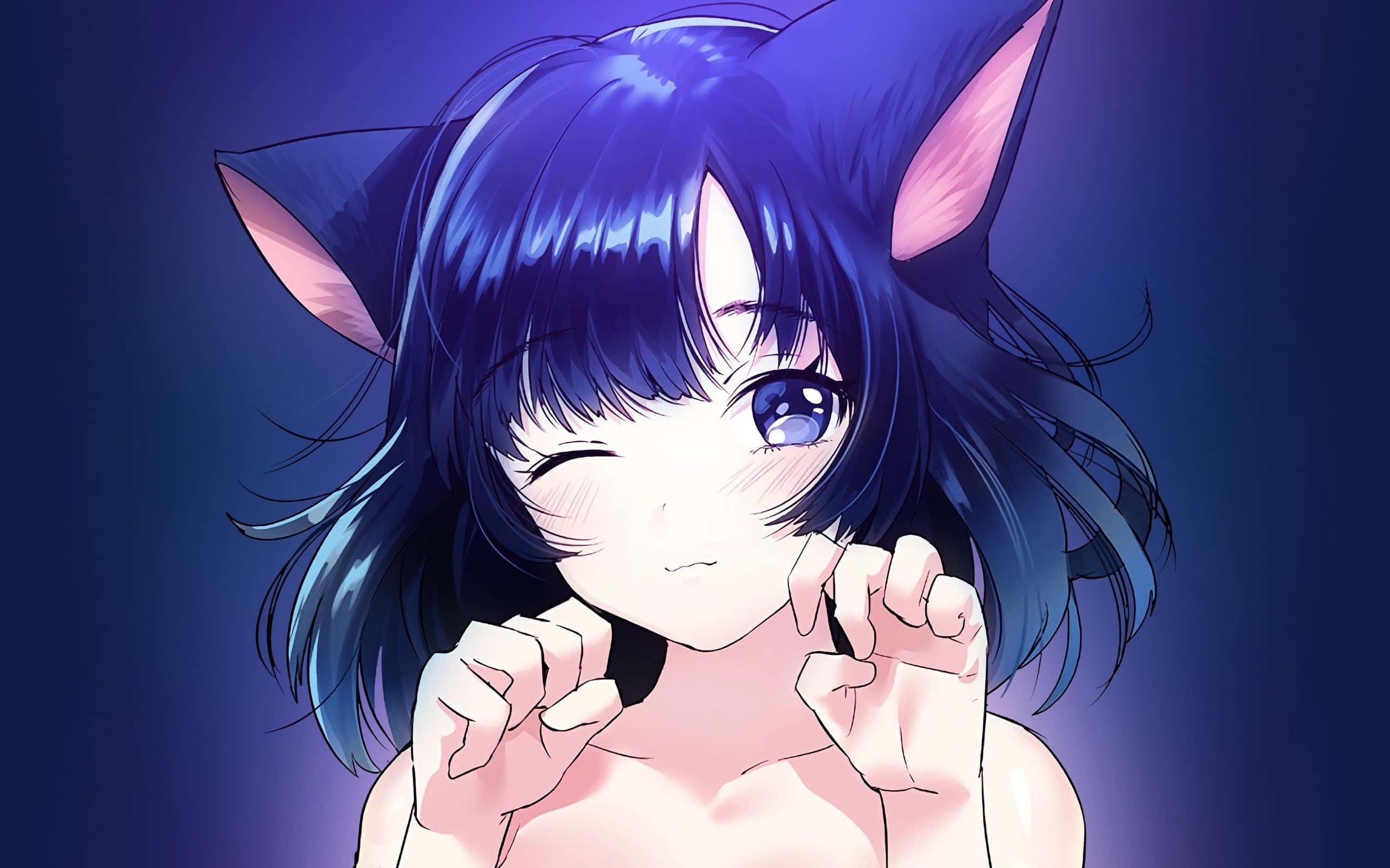 blue haired anime neko girl, anime girl, blue hair, 2K Desktop Wallpaper