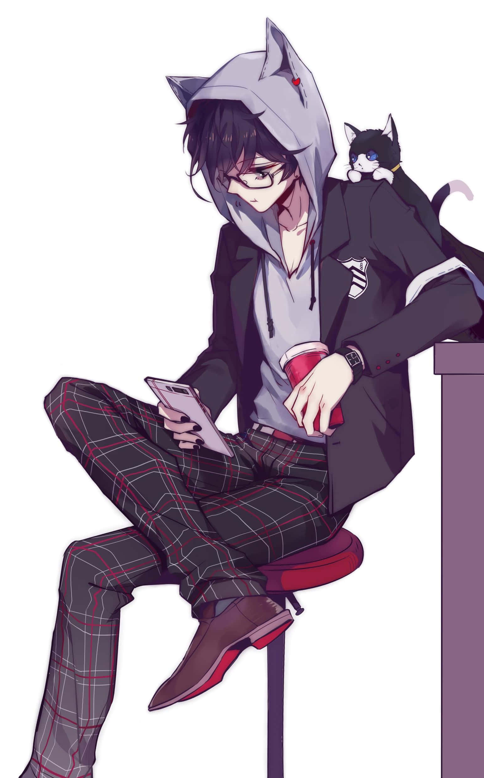 anime boy, cat-ear hoodie, black cat, Full HD Phone Wallpaper