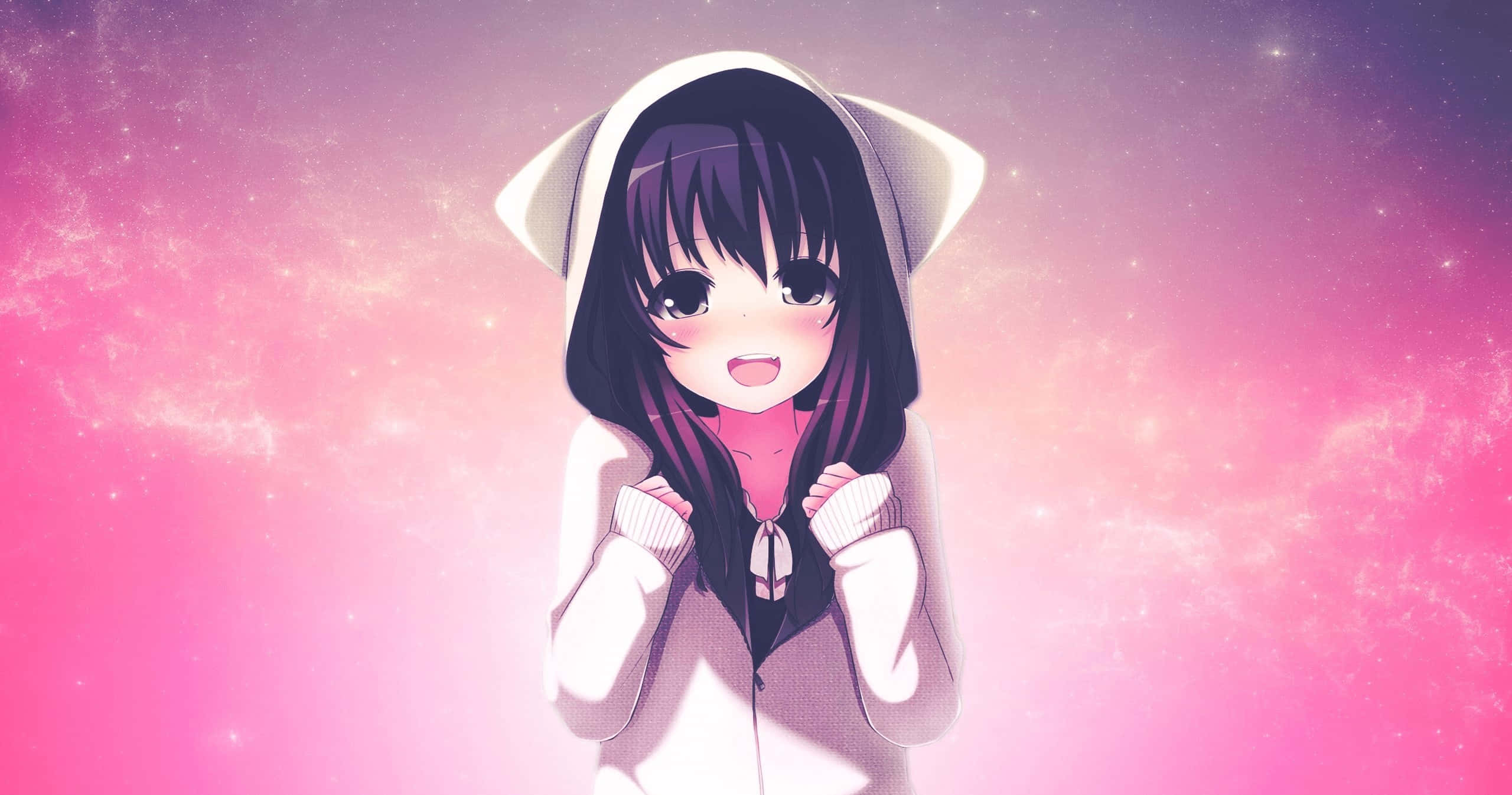 Anime girl, white hoodie, cat ears, 2K Desktop Wallpaper